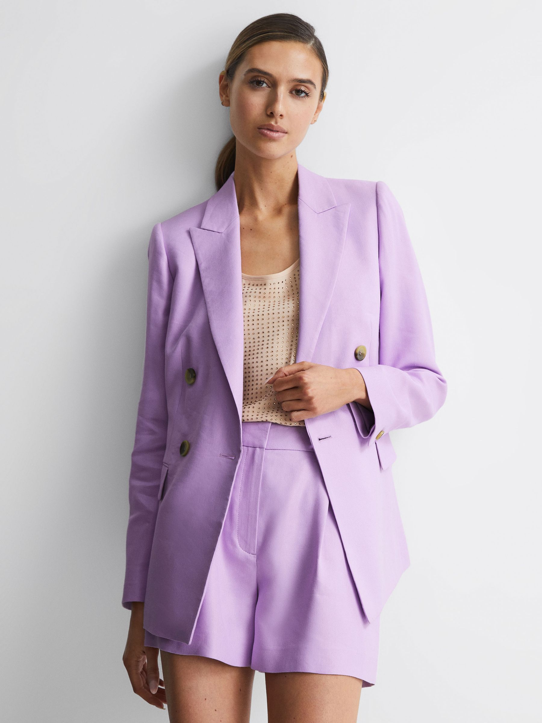 Petite Double Breasted Linen Blazer in Lilac - Image 4 of 8