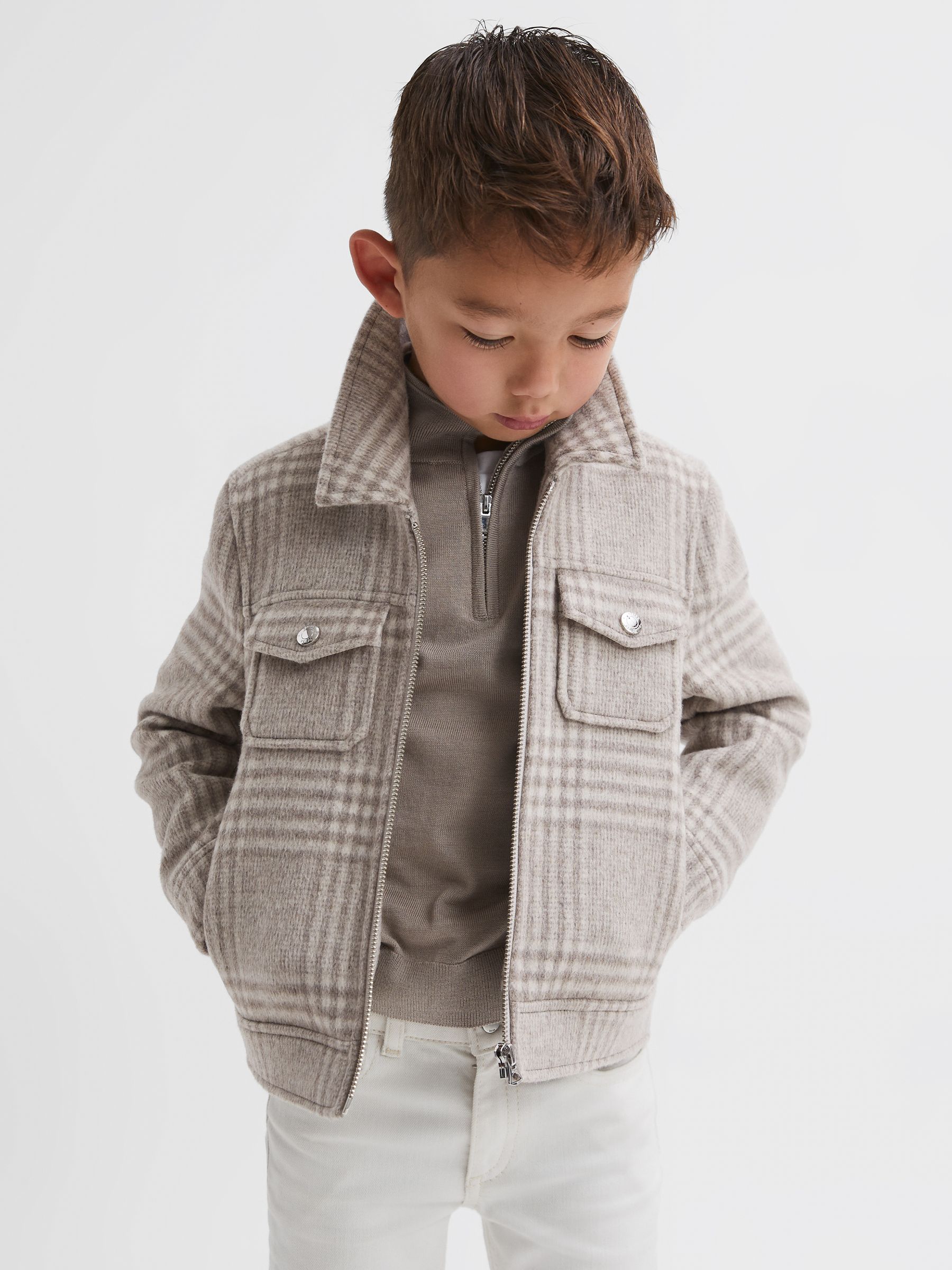 Junior Wool Trucker Jacket in Oatmeal Check - Image 1 of 5