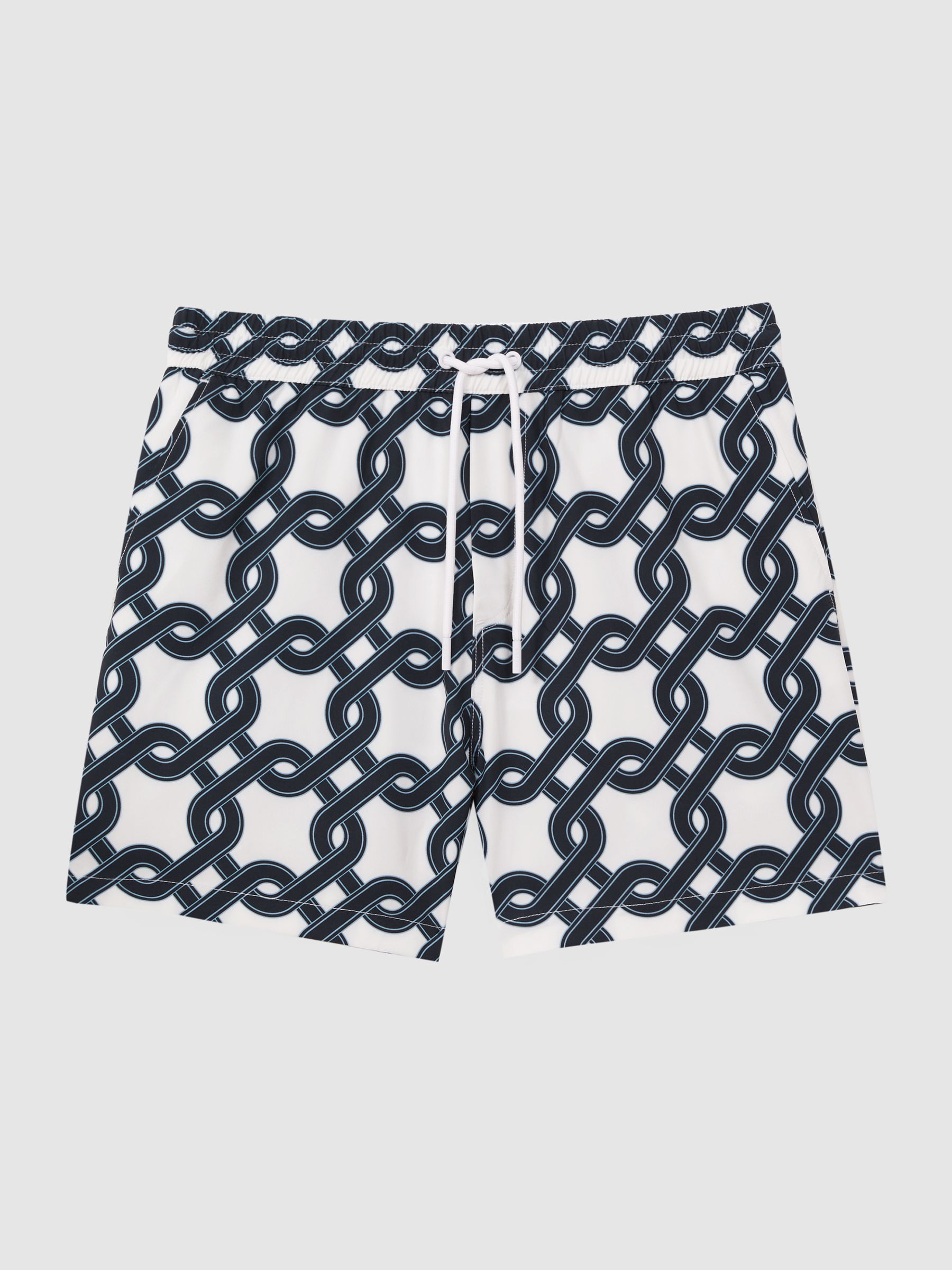 Print Drawstring Swim Shorts in White/Navy - Image 2 of 5