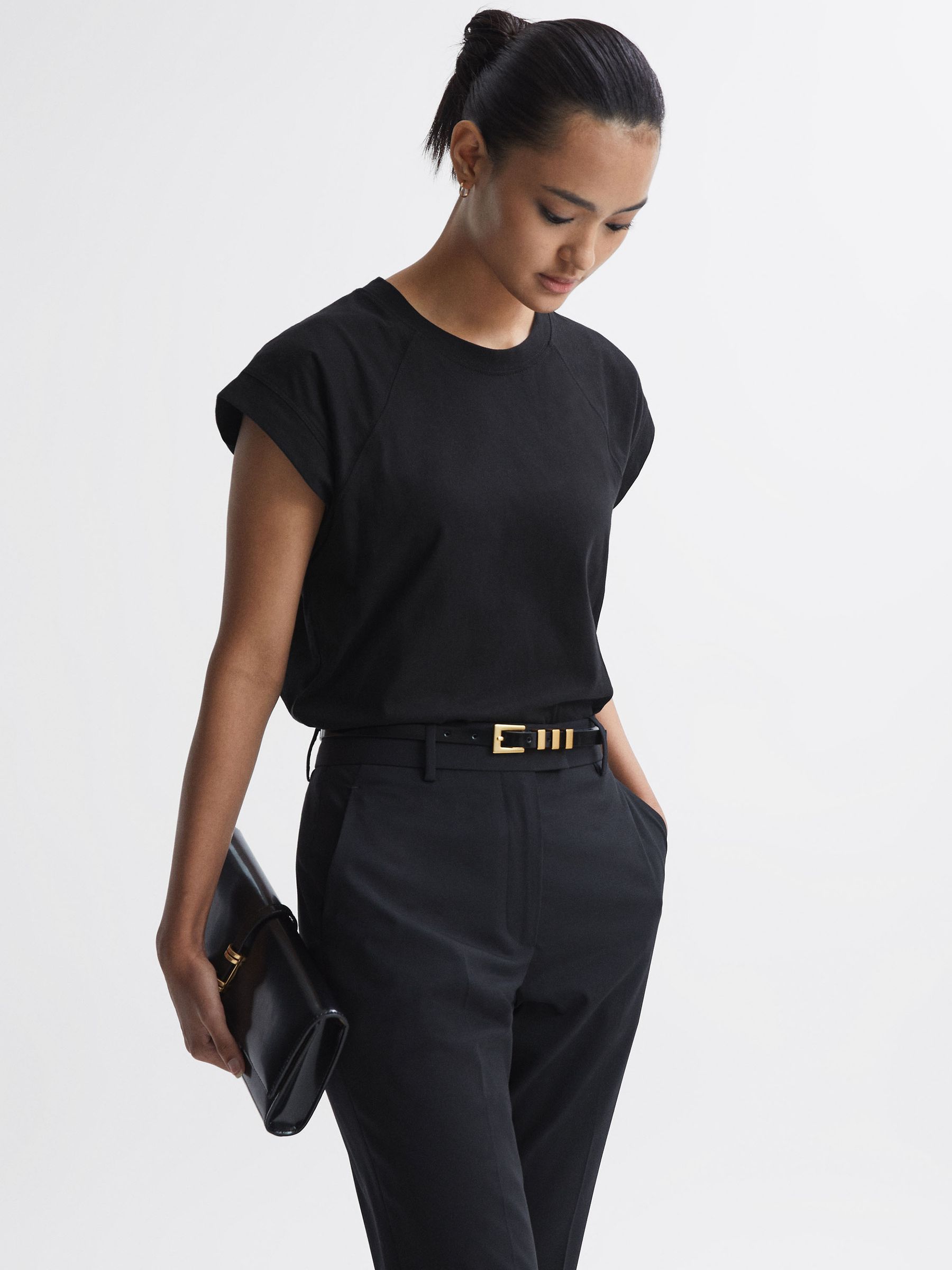 Cotton Crew Neck Raglan Sleeve T-Shirt in Black - Image 1 of 4