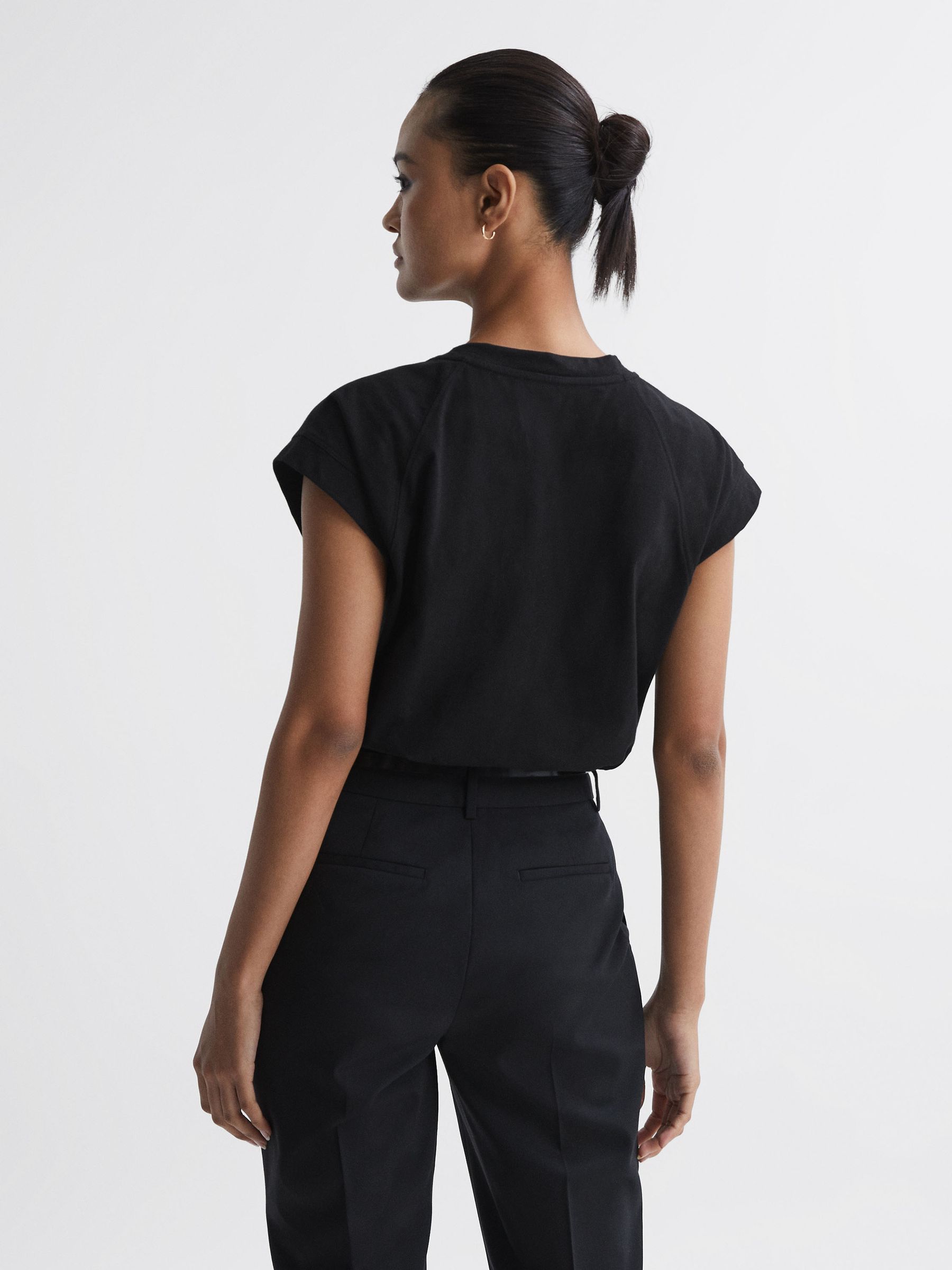 Cotton Crew Neck Raglan Sleeve T-Shirt in Black - Image 4 of 4