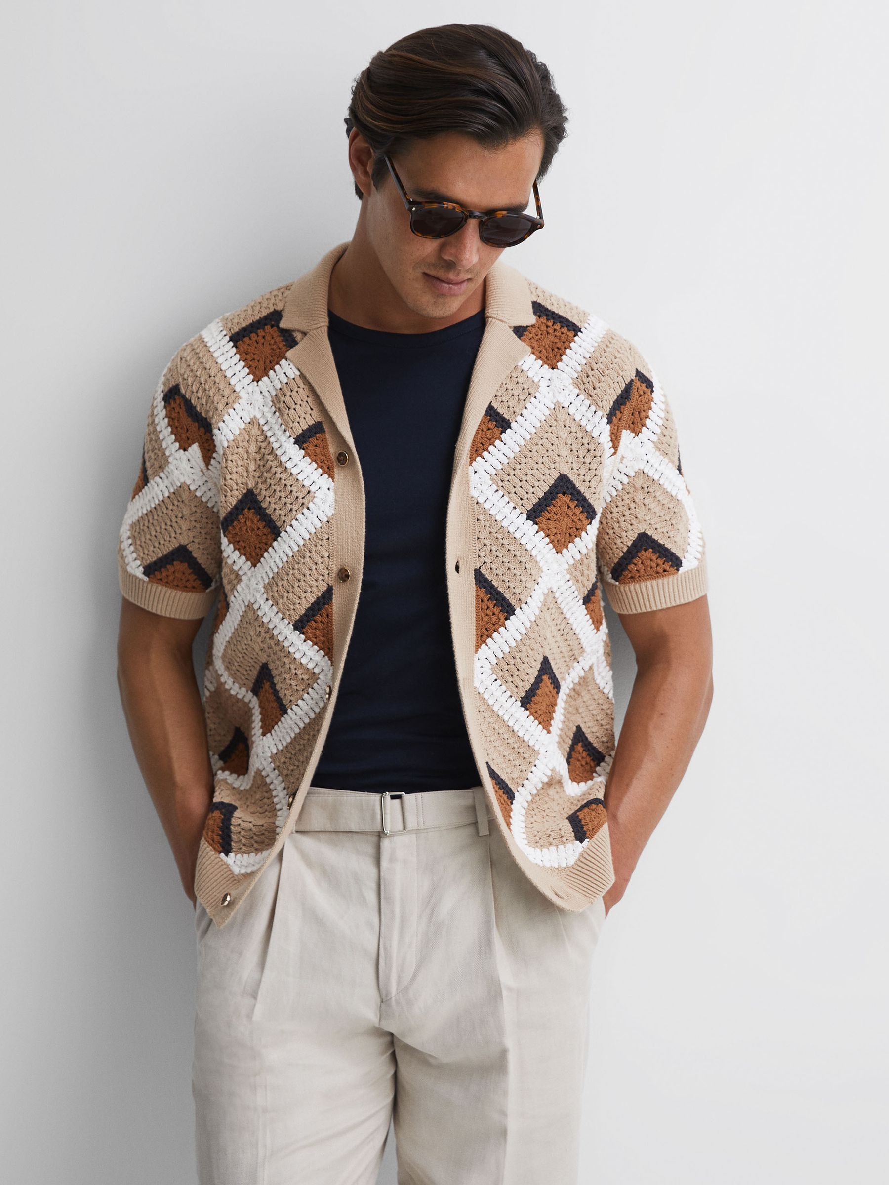 Crochet Cuban Collar Shirt in Beige - Image 1 of 5