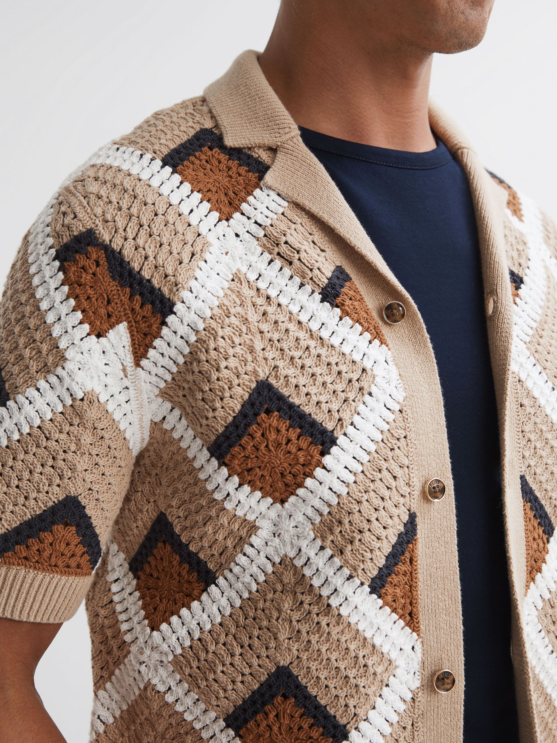 Crochet Cuban Collar Shirt in Beige - Image 4 of 5