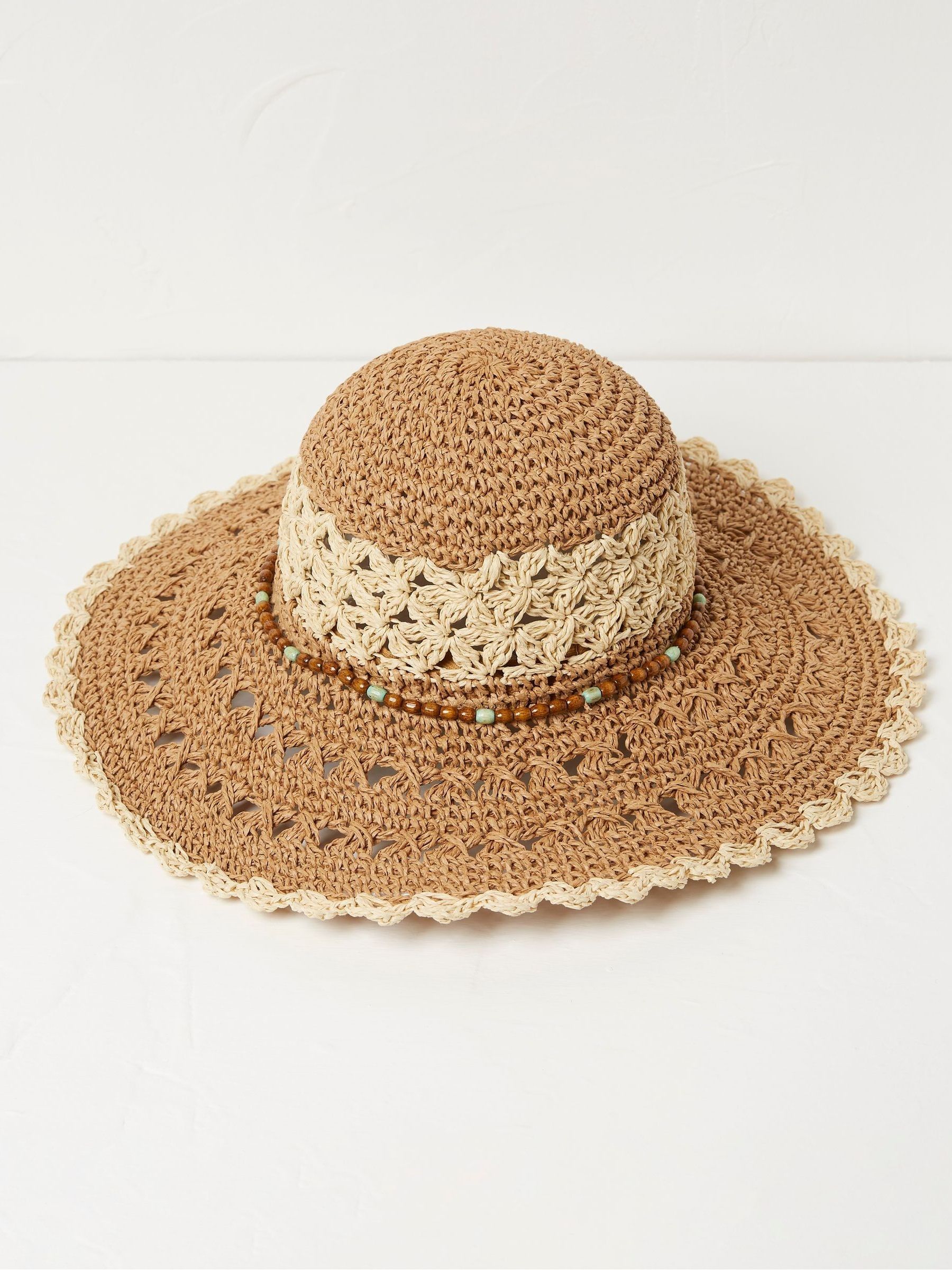 Fatface  Two-Tone Brown & Cream Straw Sun Hat with Beaded Trim FLUFFY SENSE. Cowgirl Hats for Women Straw Cowboy Hat  main image 4