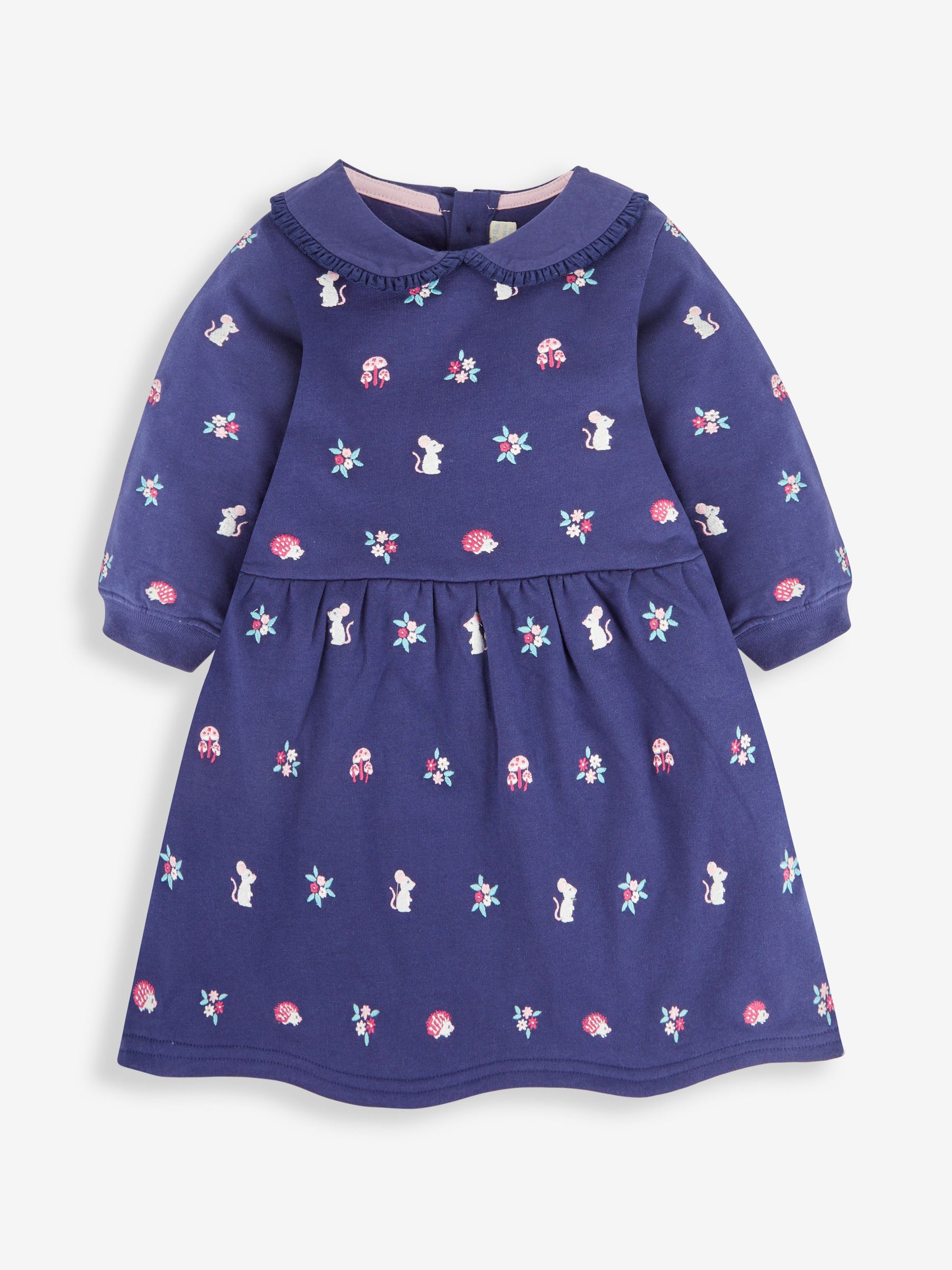 Navy Blue Mouse Embroidered Sweat Dress With Collar - Image 1 of 3
