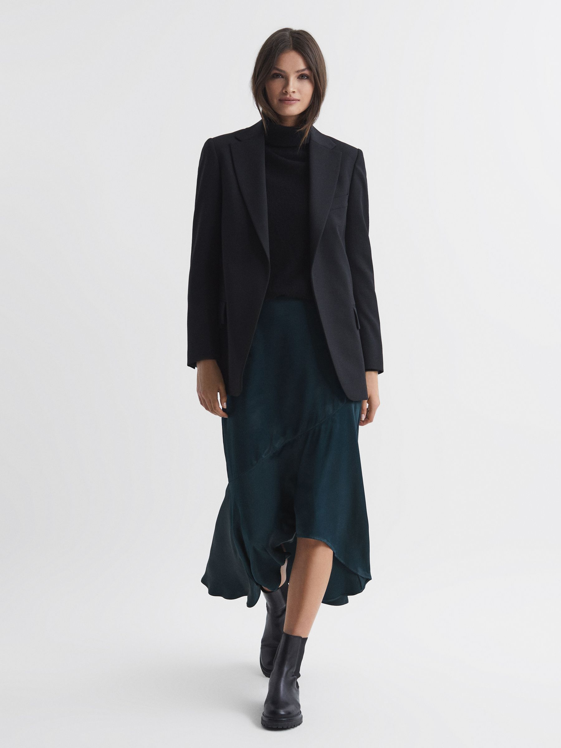 Satin High Rise Midi Skirt in Teal - Image 1 of 6