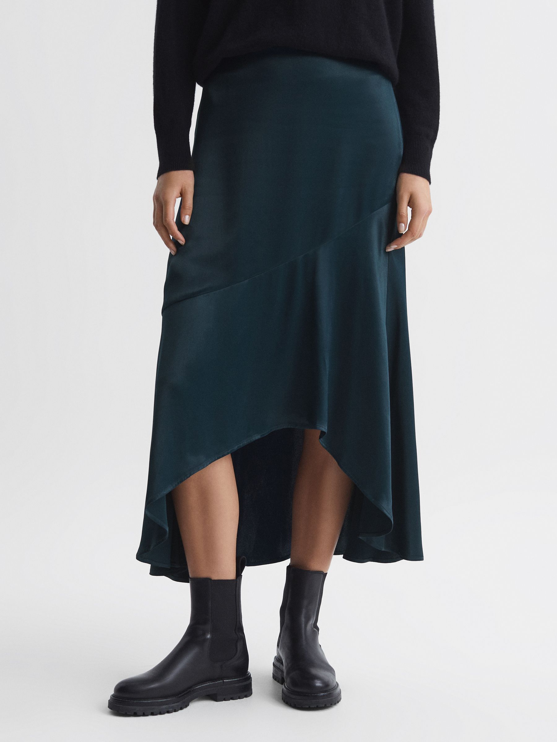 Satin High Rise Midi Skirt in Teal - Image 3 of 6