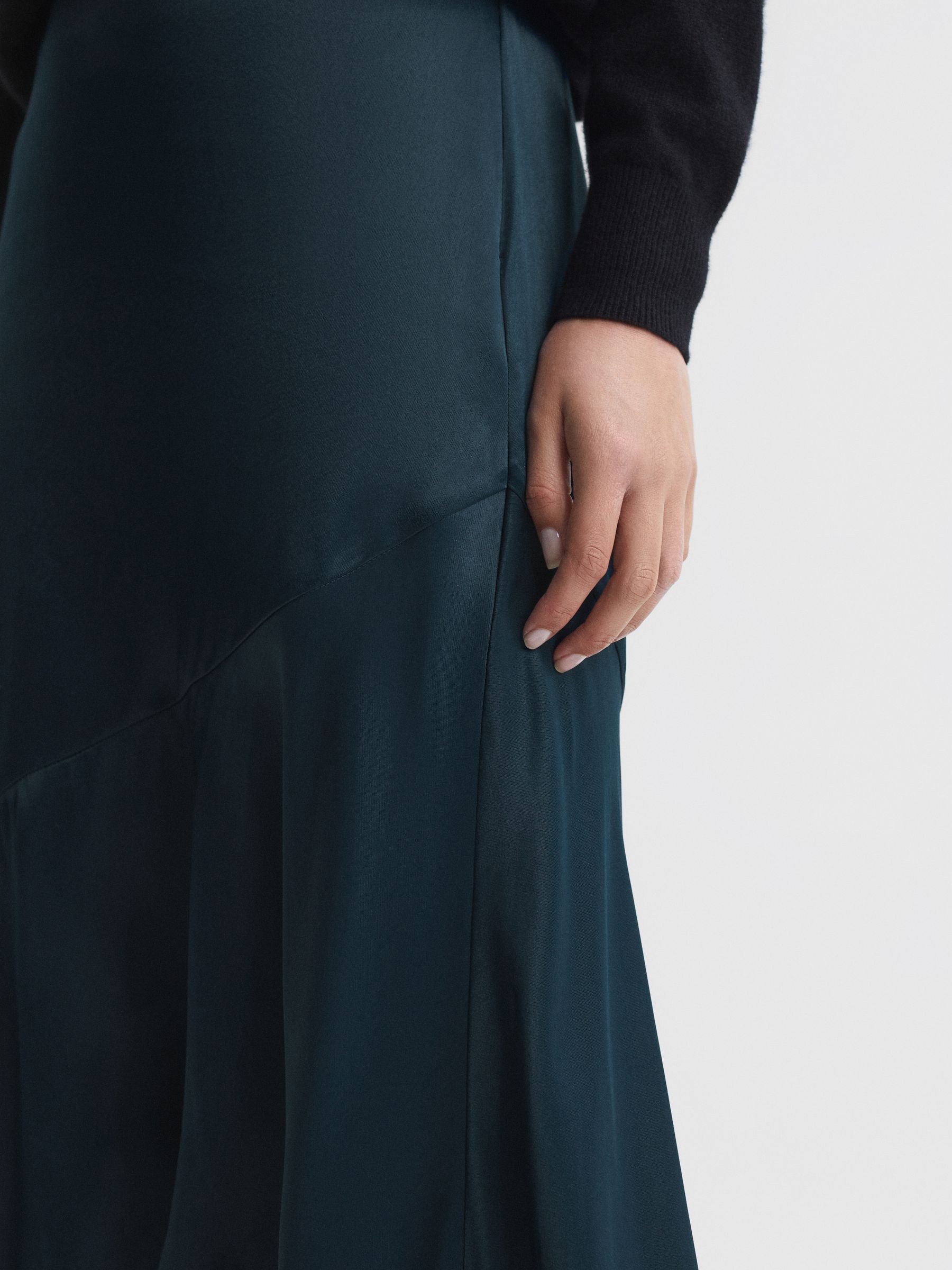Satin High Rise Midi Skirt in Teal - Image 4 of 6