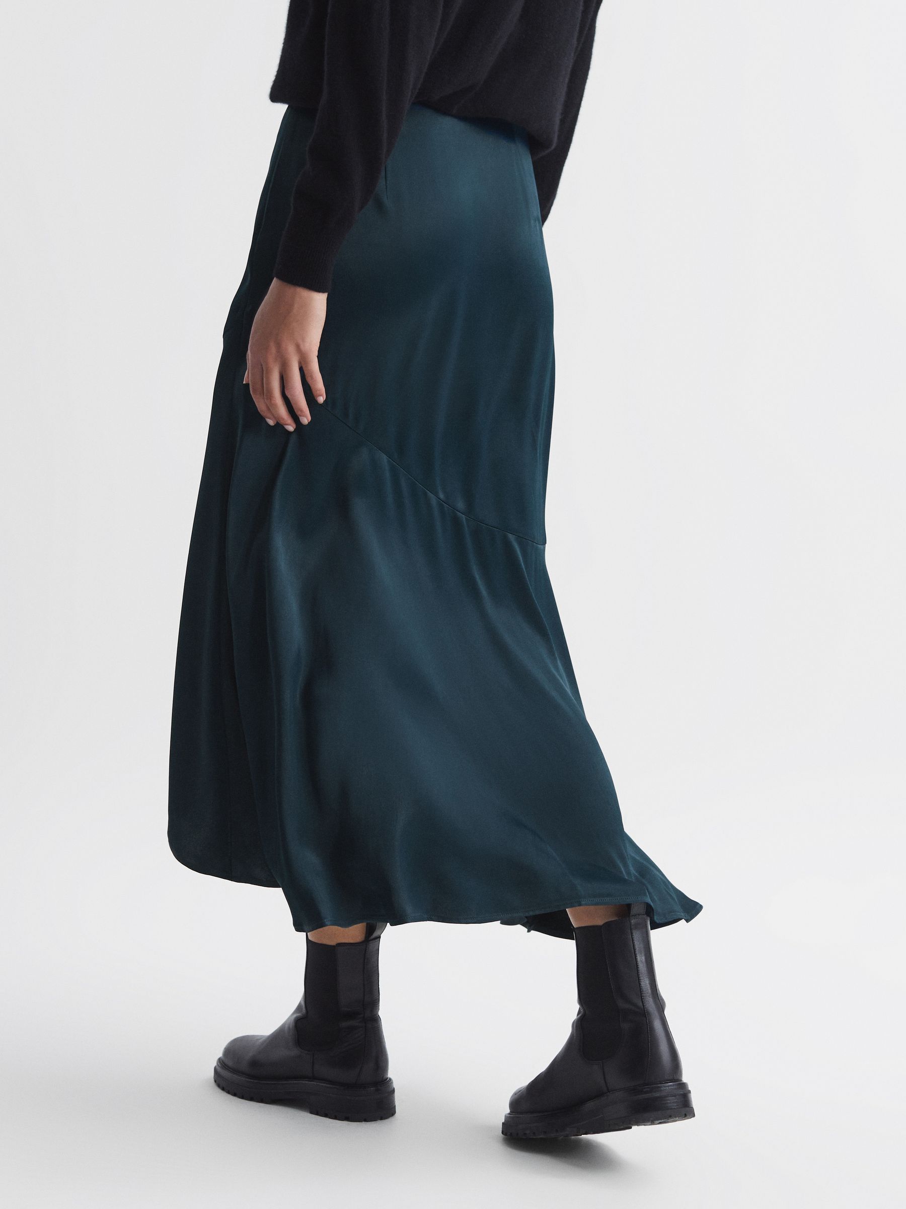 Satin High Rise Midi Skirt in Teal - Image 5 of 6