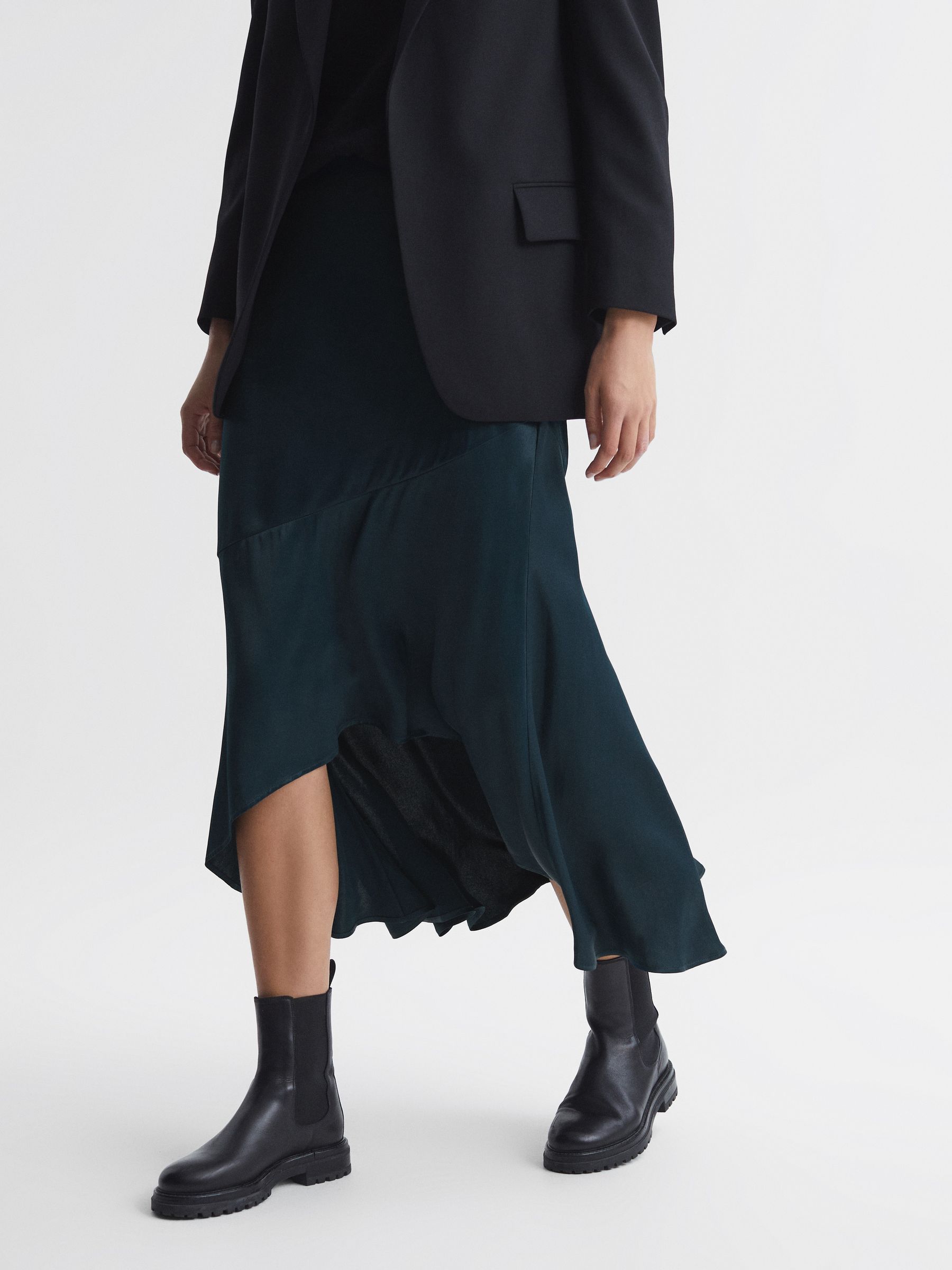 Satin High Rise Midi Skirt in Teal - Image 6 of 6