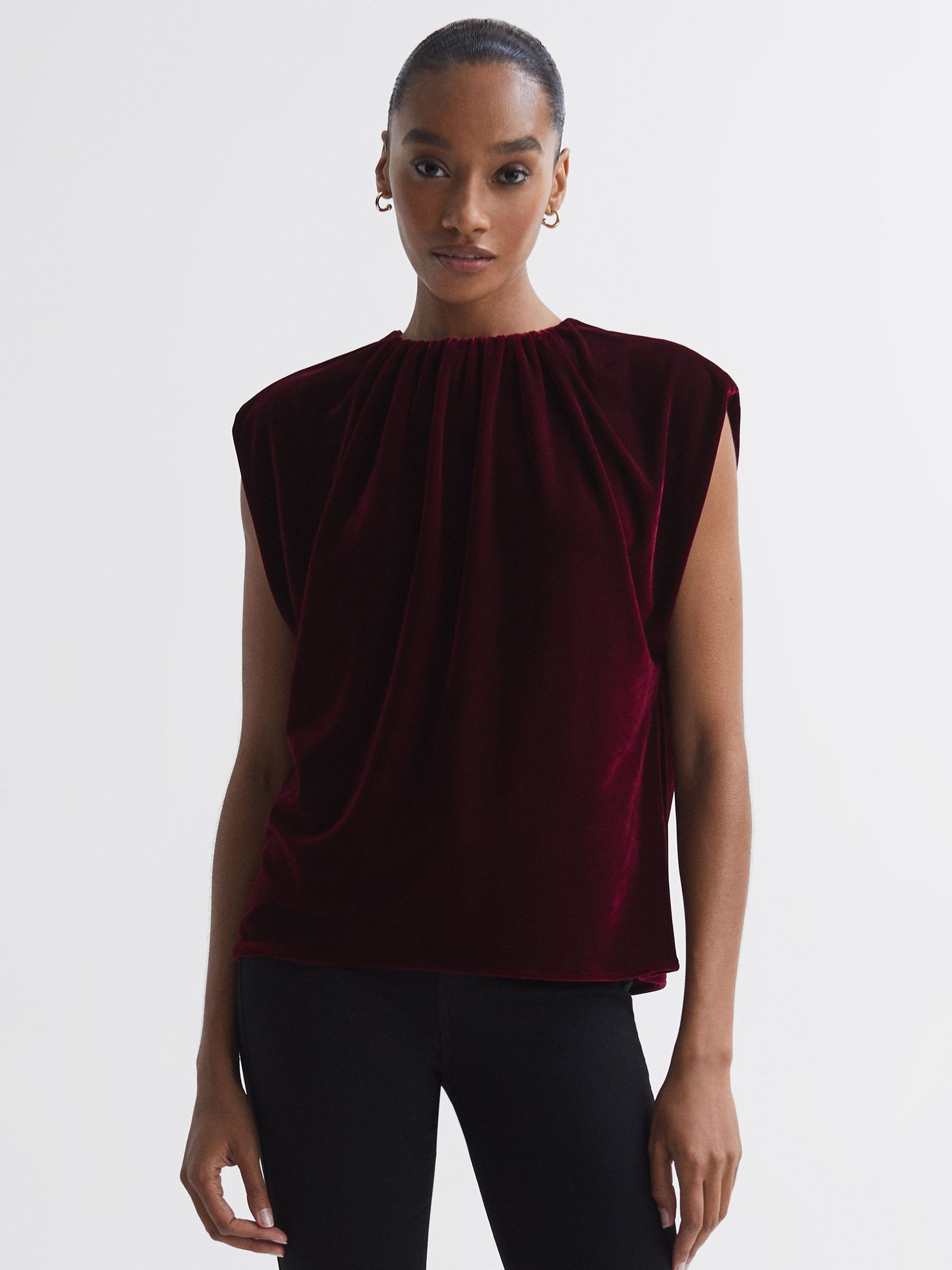 Florere Velvet Tie Neck Top in Burgundy - Image 1 of 6 Florere Velvet Tie Neck Top in Burgundy - Image 1 of 6