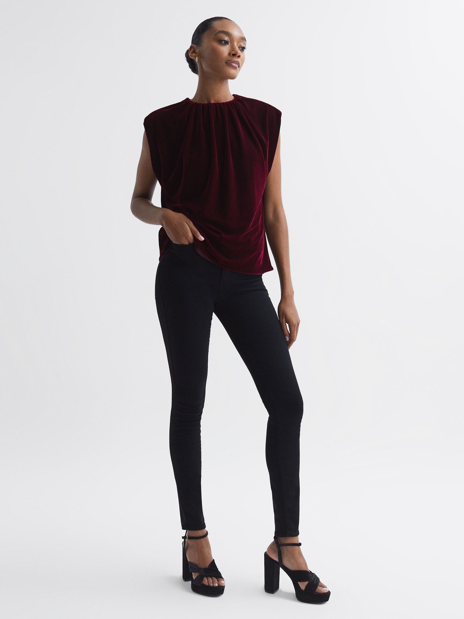 Florere Velvet Tie Neck Top in Burgundy - Image 3 of 6