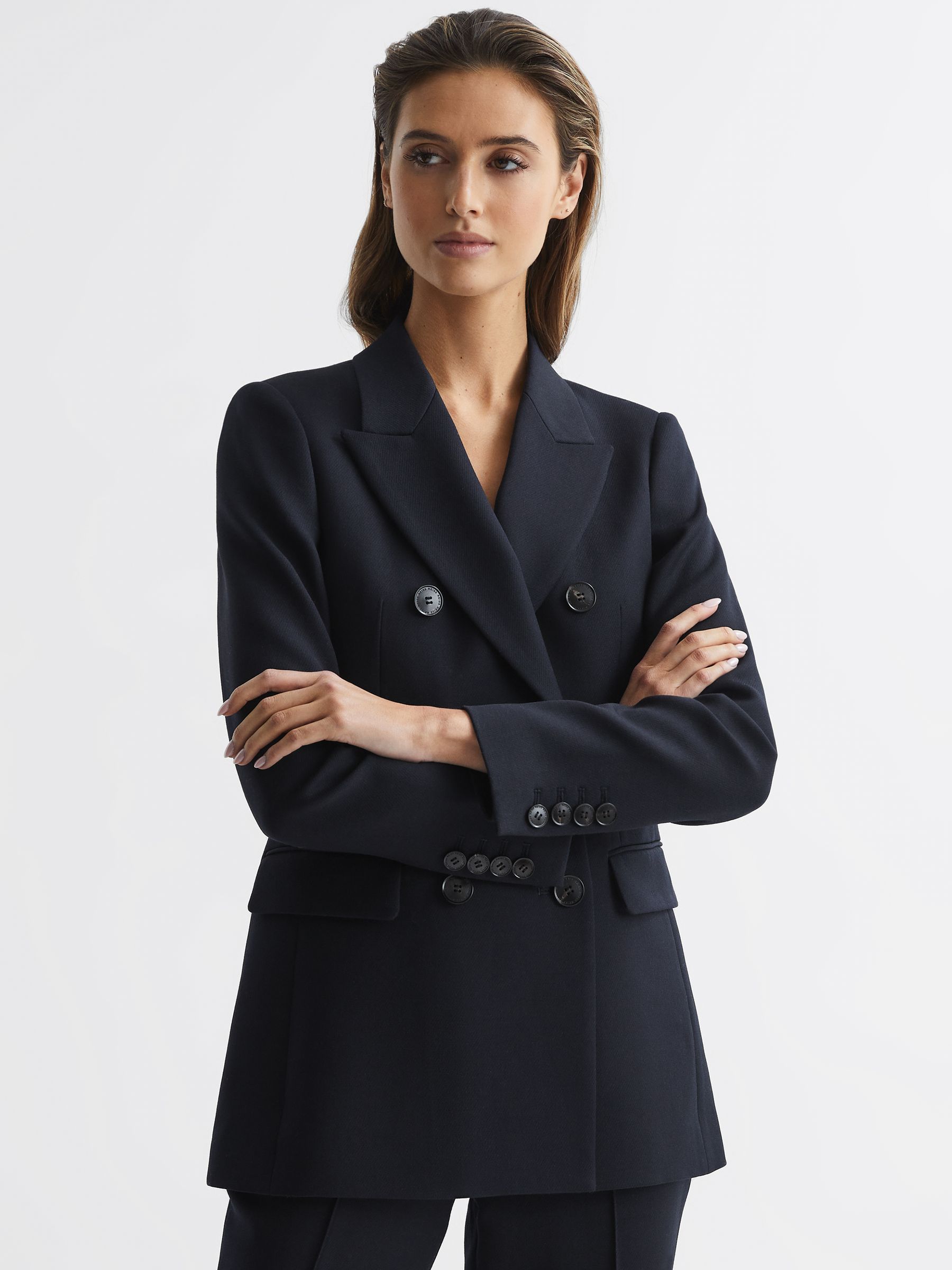 Wool Double Breasted Suit Blazer in Navy - Image 1 of 6 Wool Double Breasted Suit Blazer in Navy - Image 1 of 6