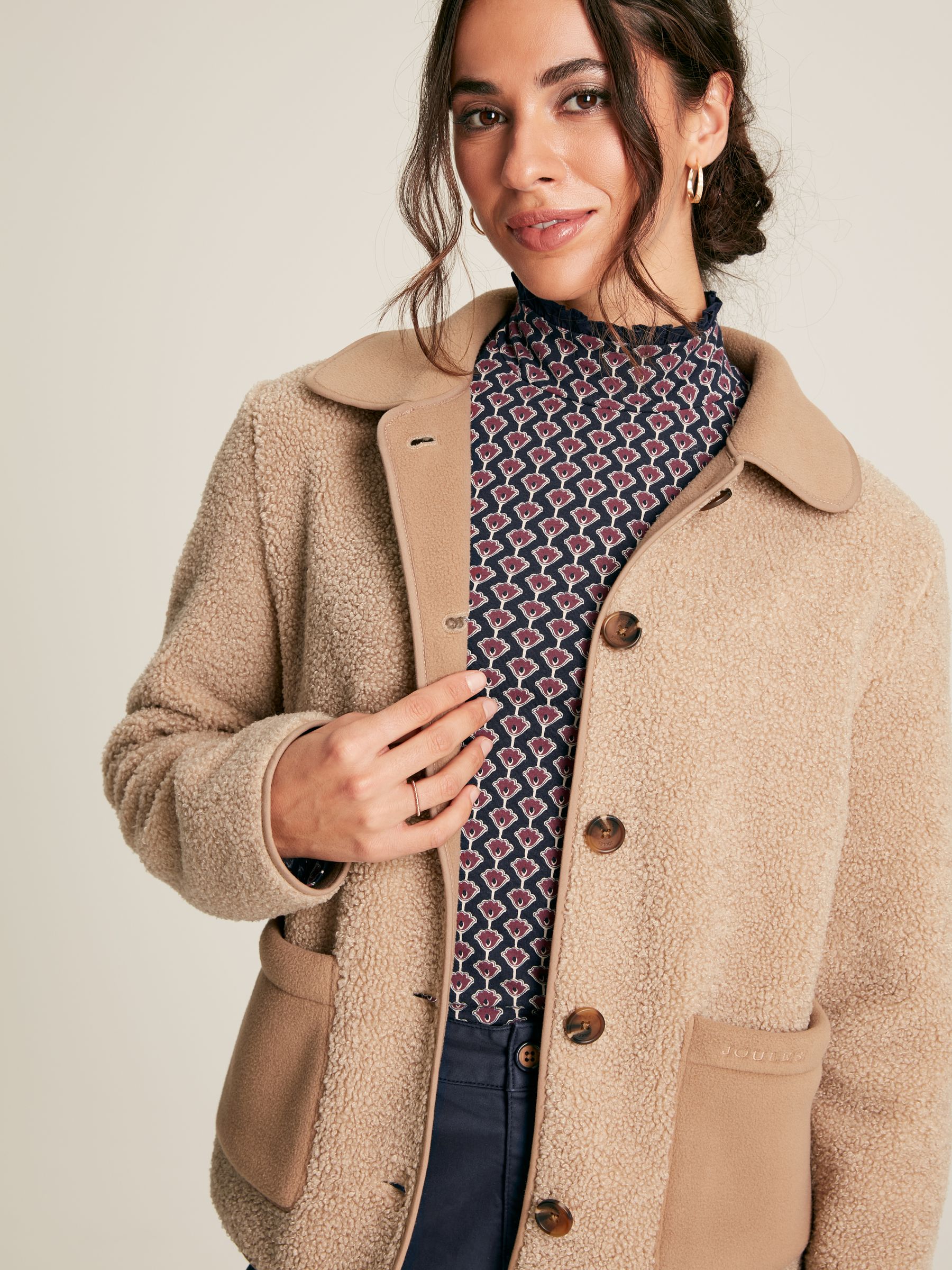 Sadie Tan Brown Button Up Borg Fleece Jacket - Image 1 of 7