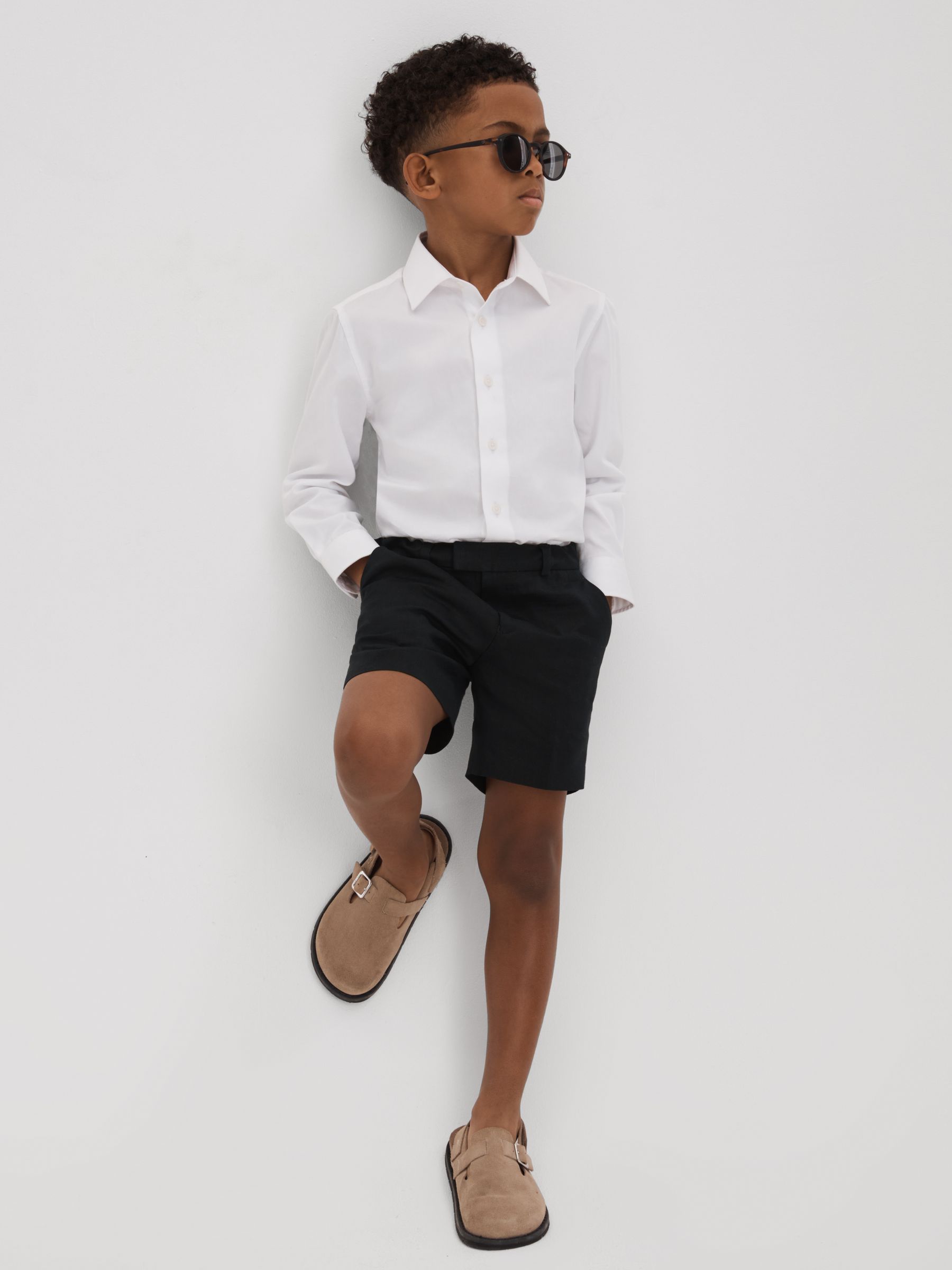 9-13 yrs Slim Fit Linen Adjustable Shorts in Navy - Image 1 of 4 9-13 yrs Slim Fit Linen Adjustable Shorts in Navy - Image 1 of 4