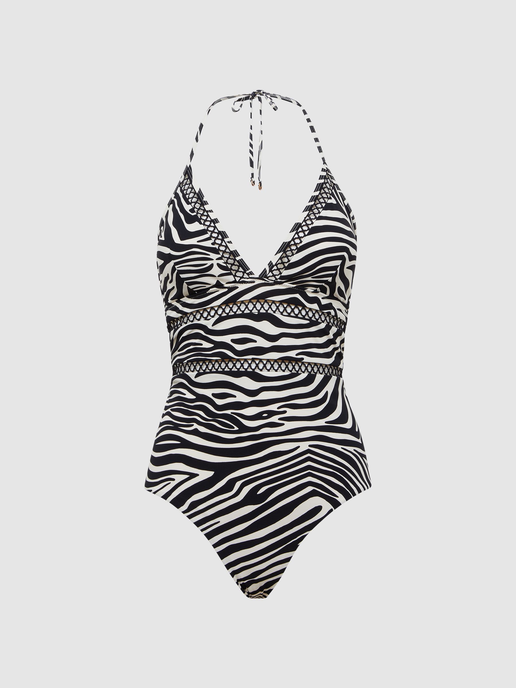 Halter Neck Zebra Print Swimsuit in Black/White - Image 2 of 6