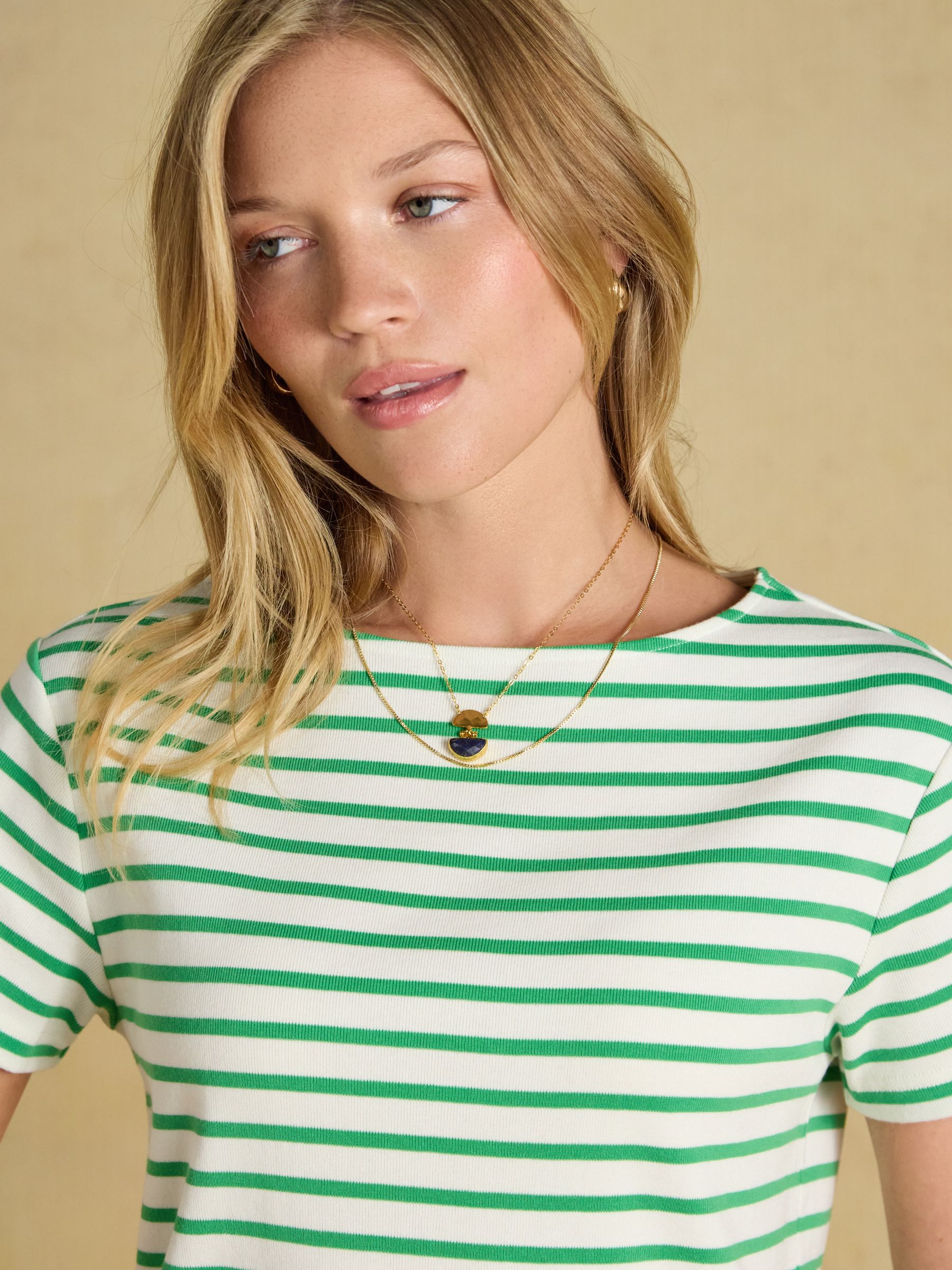 Harbour Cream & Green Striped Short Sleeve Boat Neck Cotton Jersey Top - Image 3 of 7