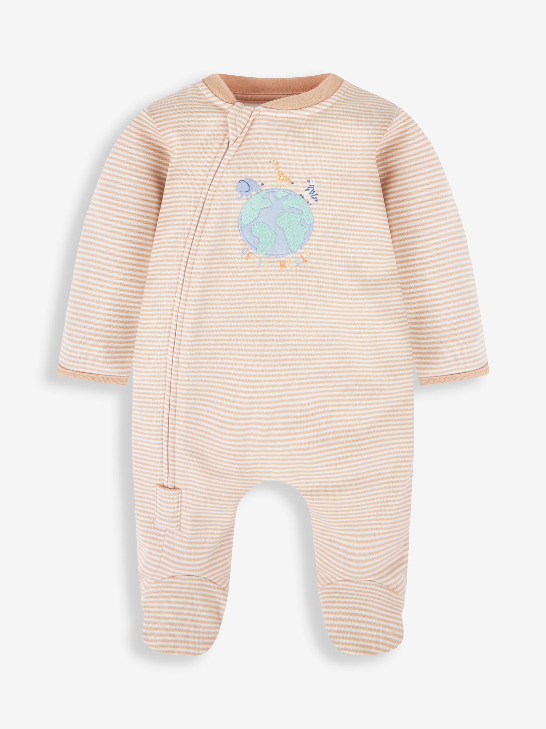 Natural Hello World Embroidered Cotton Zip Baby Sleepsuit - Image 1 of 3