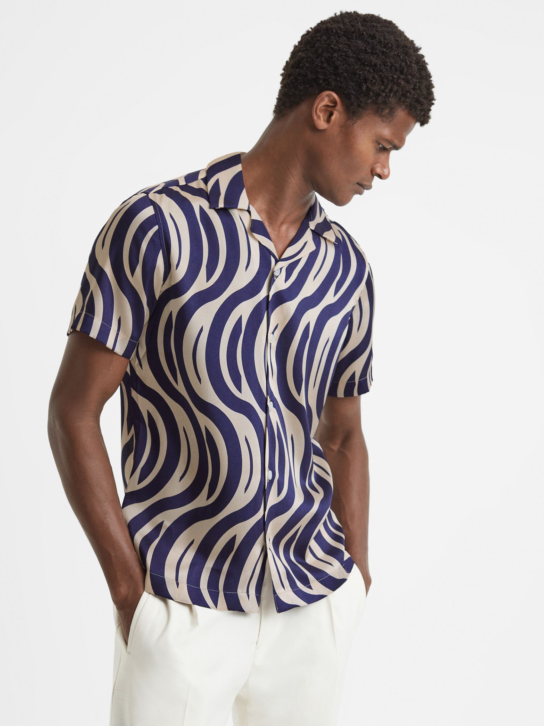 Animal Print Cuban Collar Shirt in Ecru/Navy - Image 1 of 5 Animal Print Cuban Collar Shirt in Ecru/Navy - Image 1 of 5