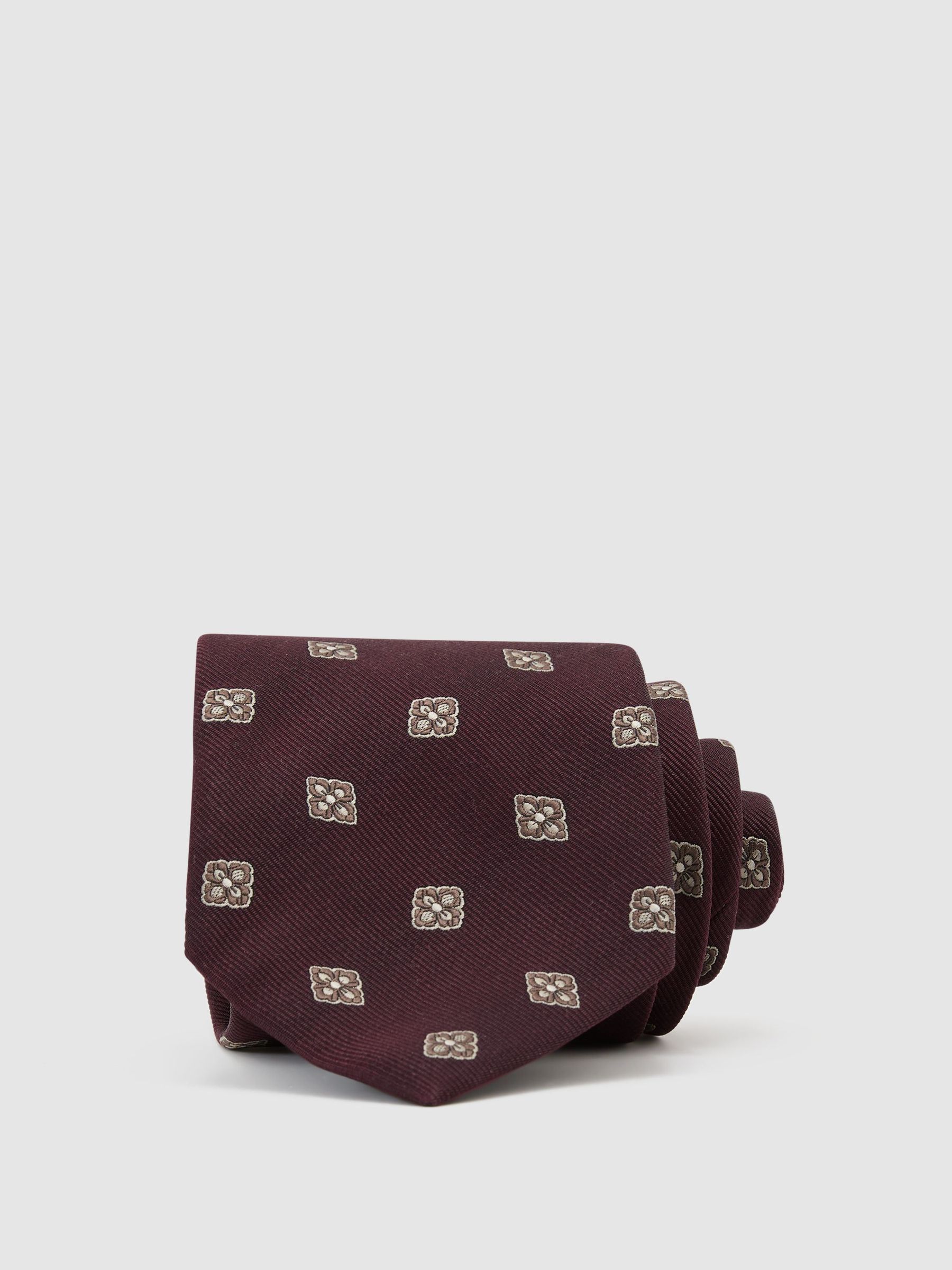 Silk-Blend Woven Floral Medallion Tie in Burgundy - Image 1 of 5