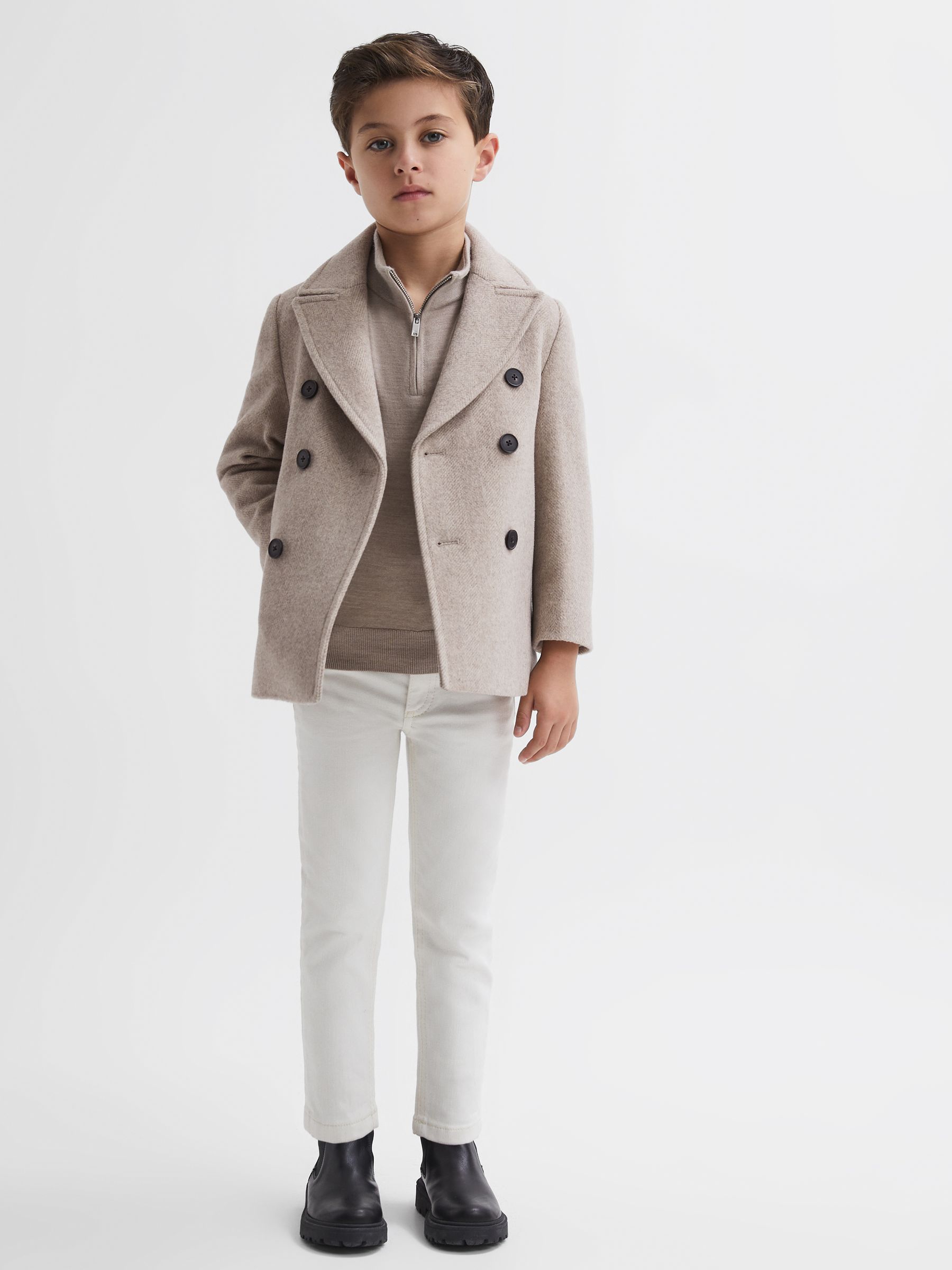 Junior Wool Blend Double Breasted Peacoat in Oatmeal - Image 3 of 6