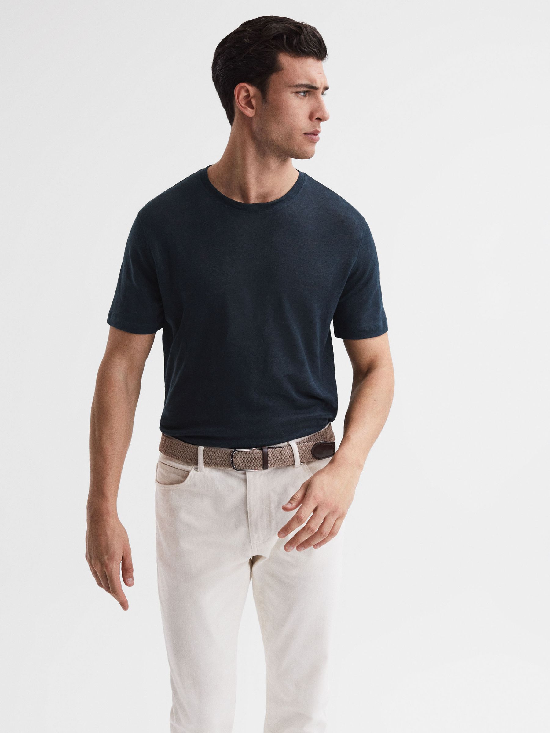 Linen Crew Neck T-Shirt in Navy - Image 1 of 6