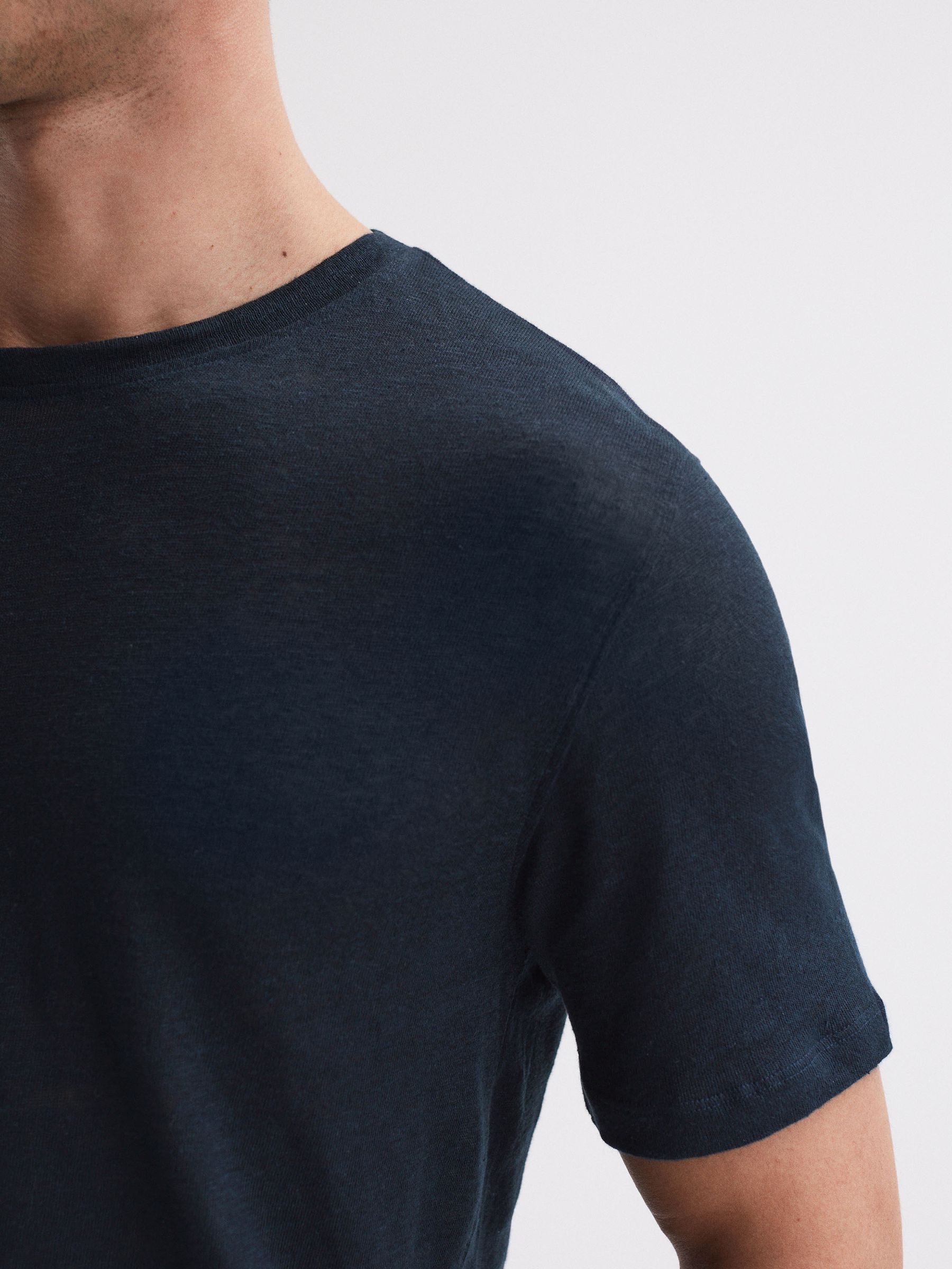 Linen Crew Neck T-Shirt in Navy - Image 4 of 6