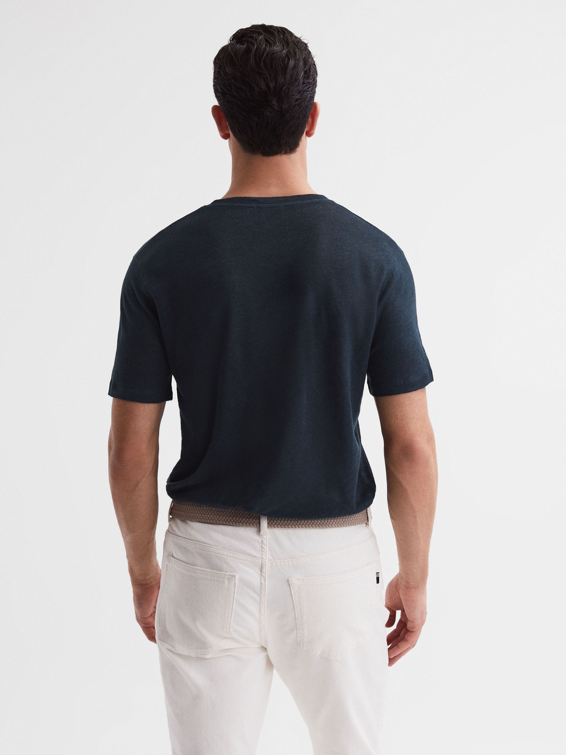 Linen Crew Neck T-Shirt in Navy - Image 5 of 6