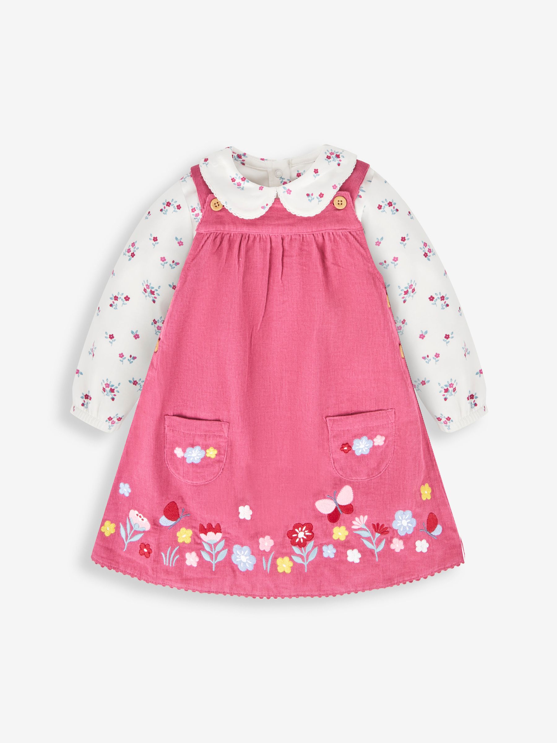 Rose Girls' Floral Embroidered Cord Pinafore Dress & Peter Pan Top Set - Image 1 of 6
