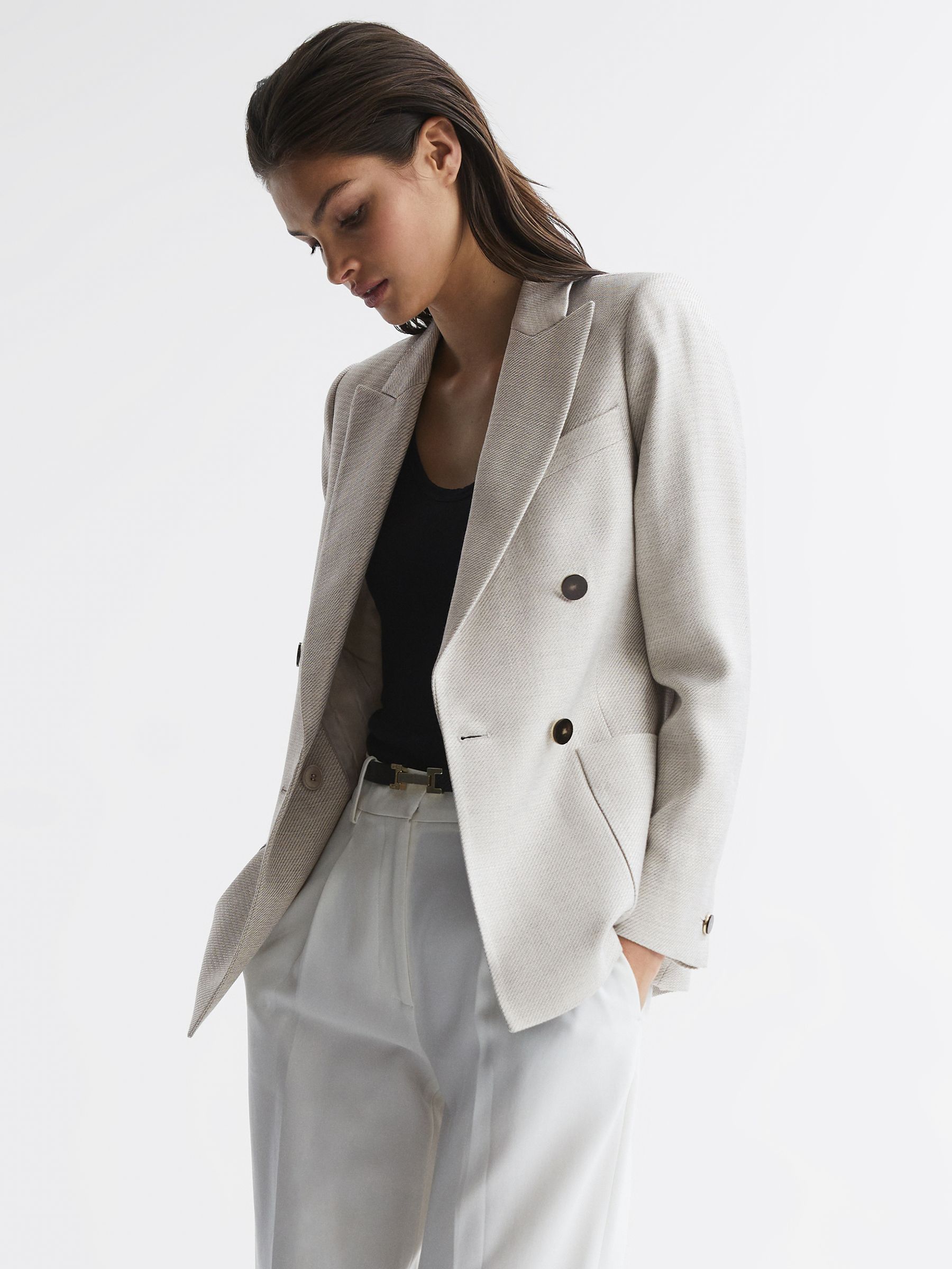 Reiss Petite Tailored Double Breasted Blazer in Neutral | REISS