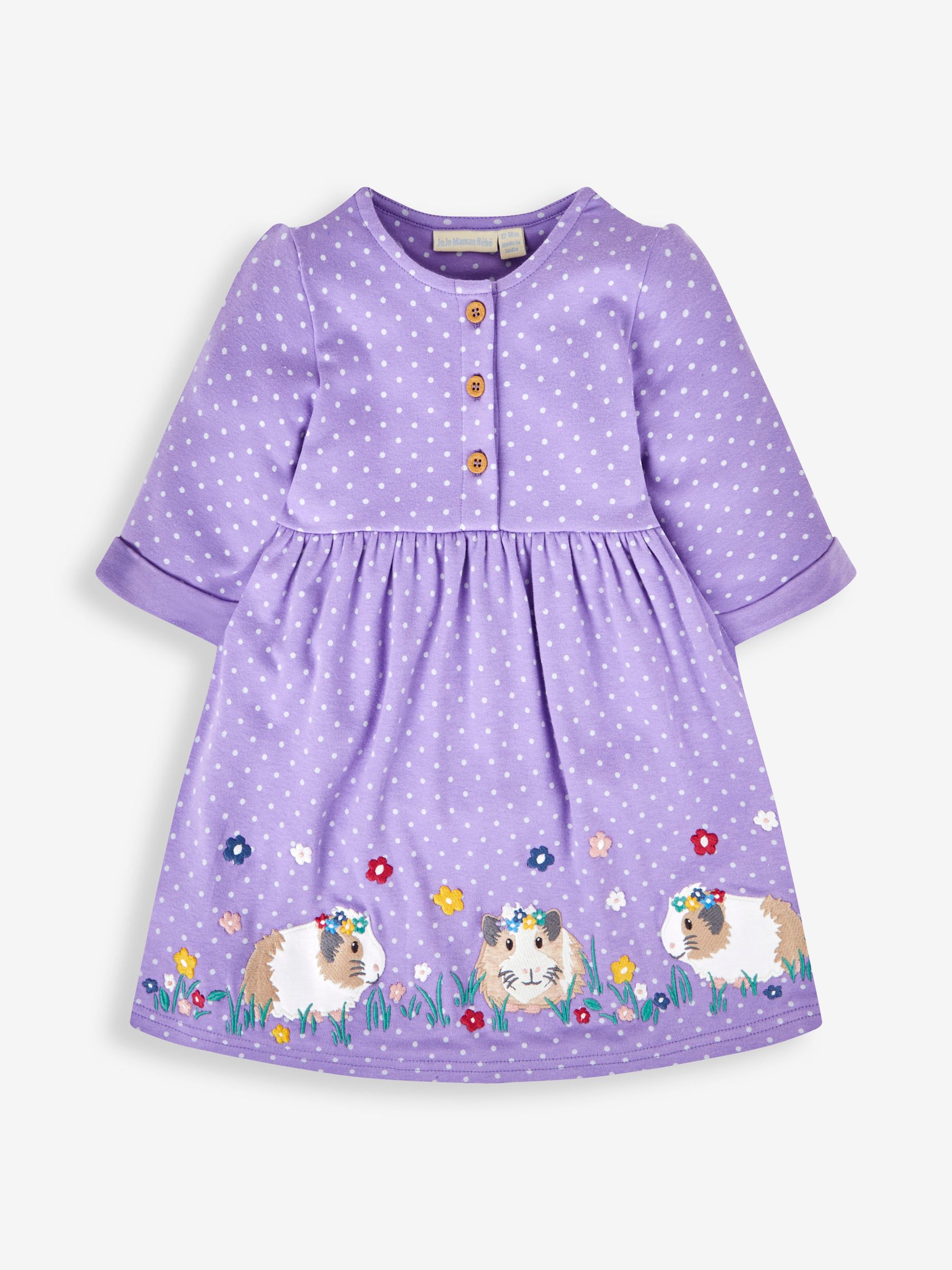 Lilac Purple Guinea Pig Appliqué Button Front Dress | JoJo Maman