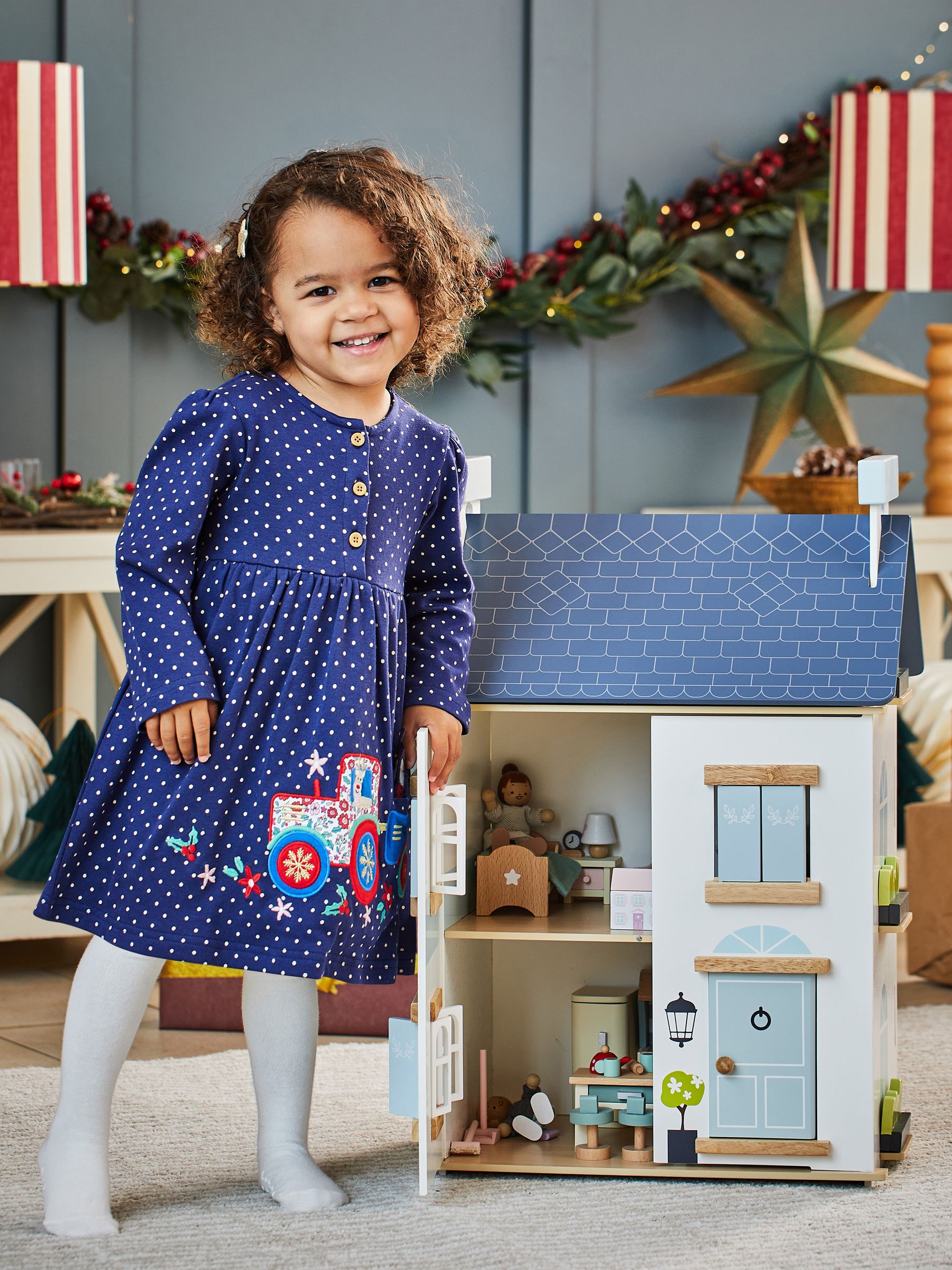Navy Santa in a Tractor Appliqué Button Front Dress - Image 4 of 5