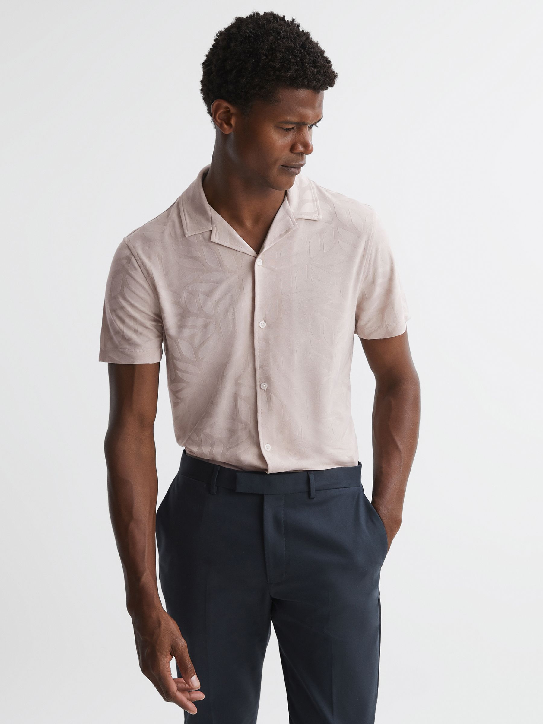 Jacquard Cuban Collar Button Through T-Shirt in Stone - Image 1 of 4