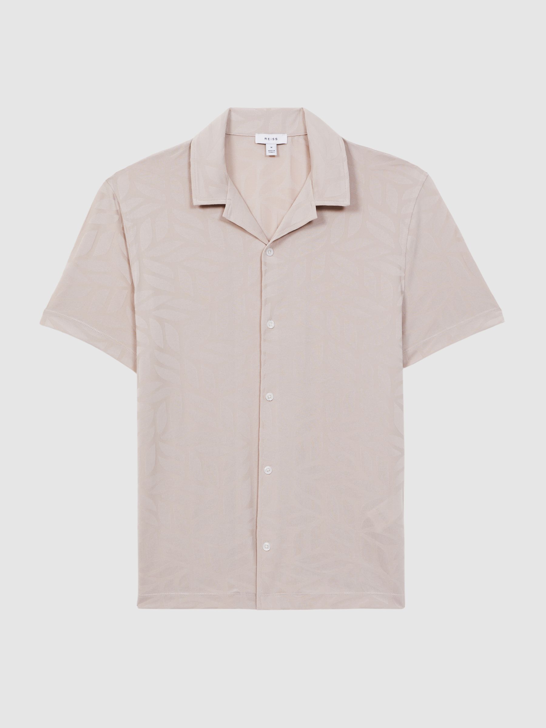 Jacquard Cuban Collar Button Through T-Shirt in Stone - Image 2 of 4