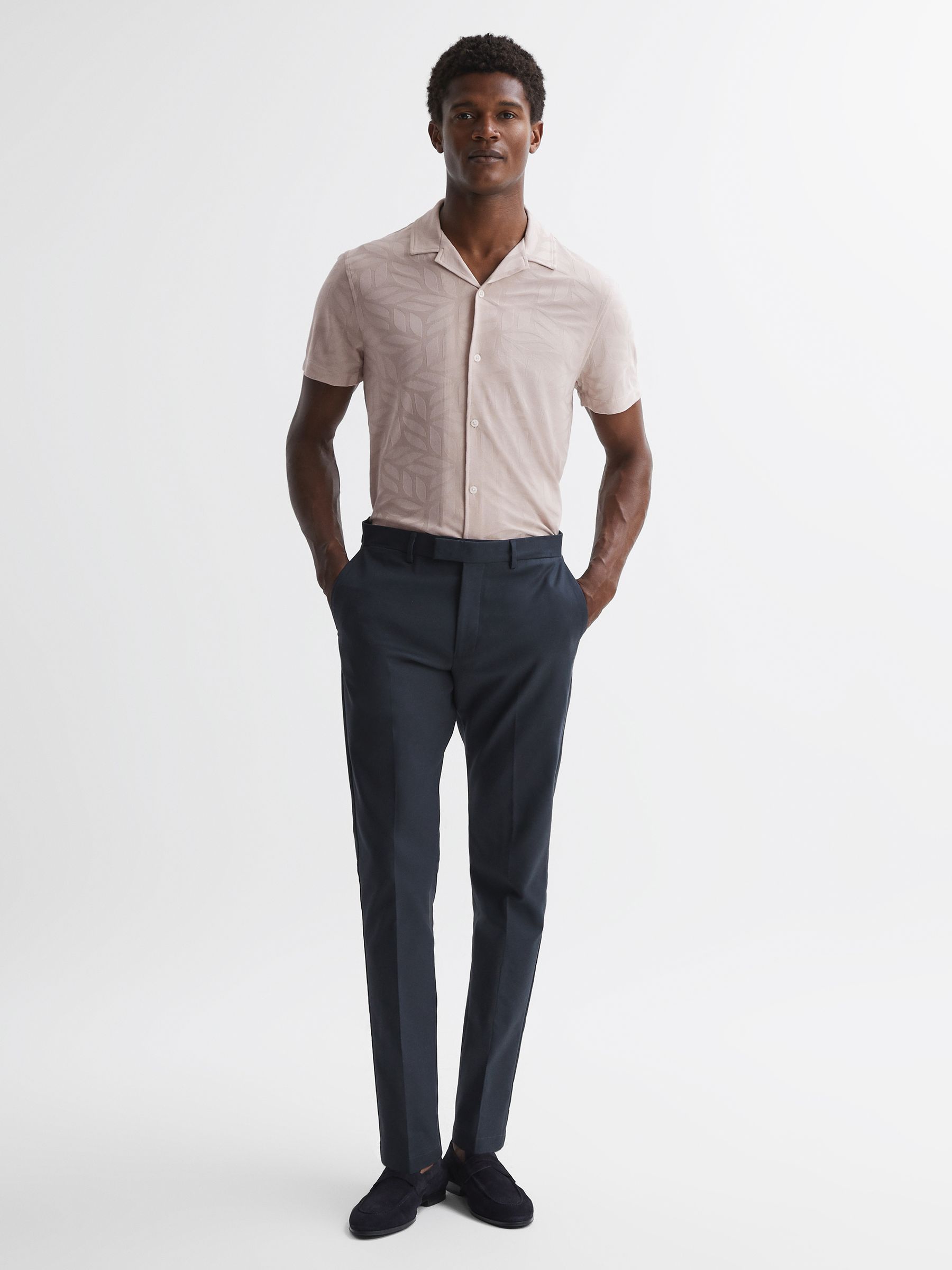 Jacquard Cuban Collar Button Through T-Shirt in Stone - Image 3 of 4