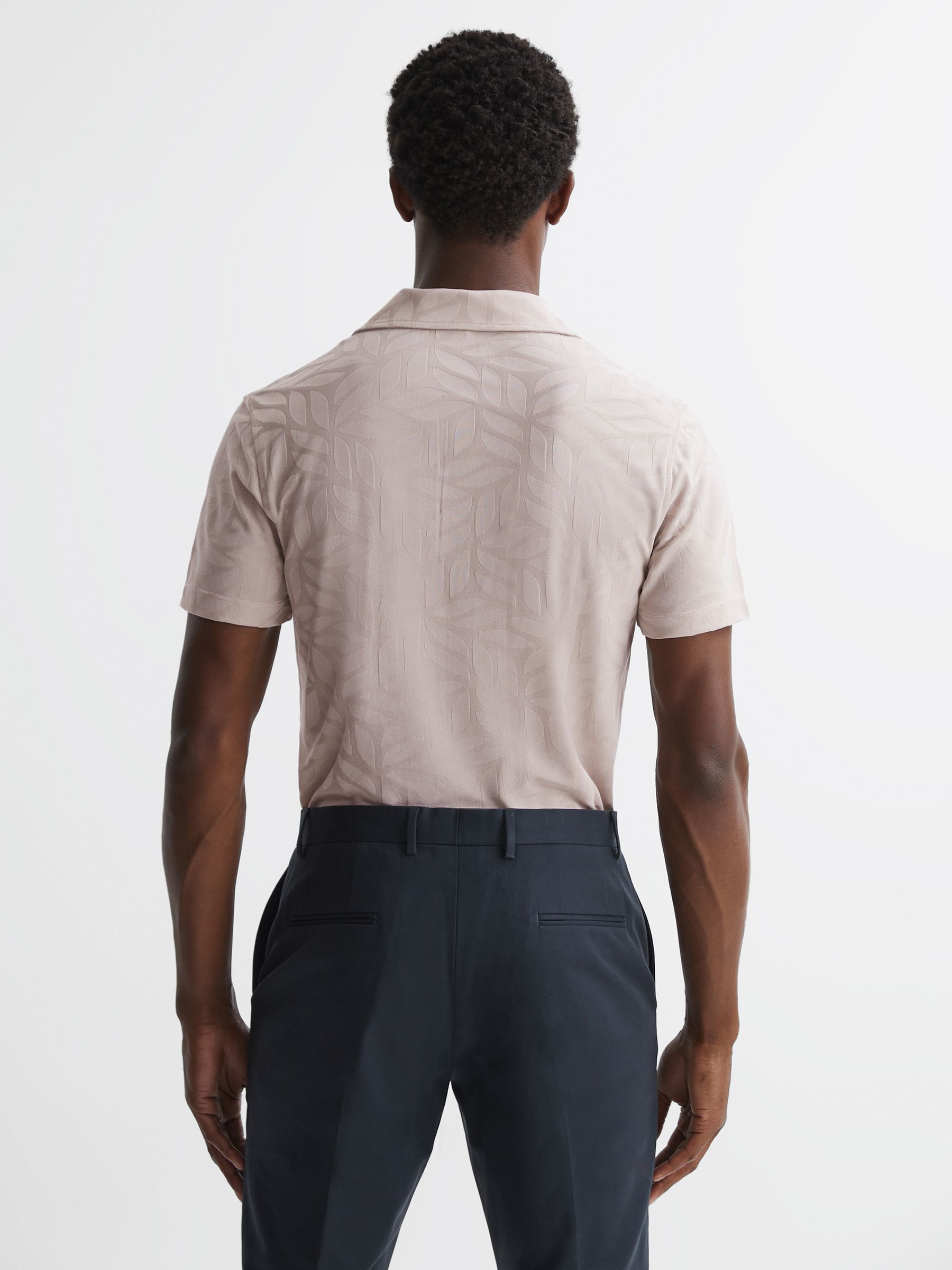 Jacquard Cuban Collar Button Through T-Shirt in Stone - Image 4 of 4