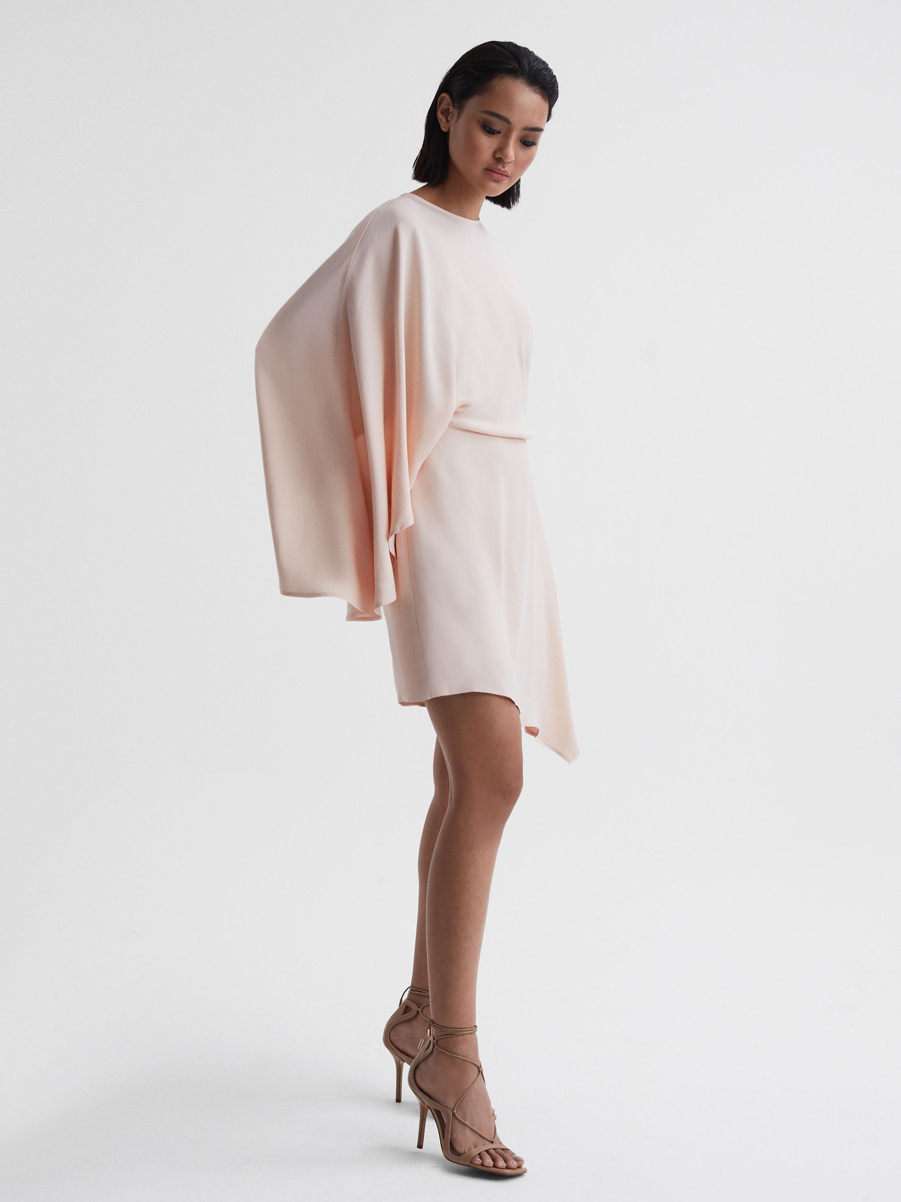 Cape Sleeve Asymmetric Mini Dress in Nude - Image 1 of 4