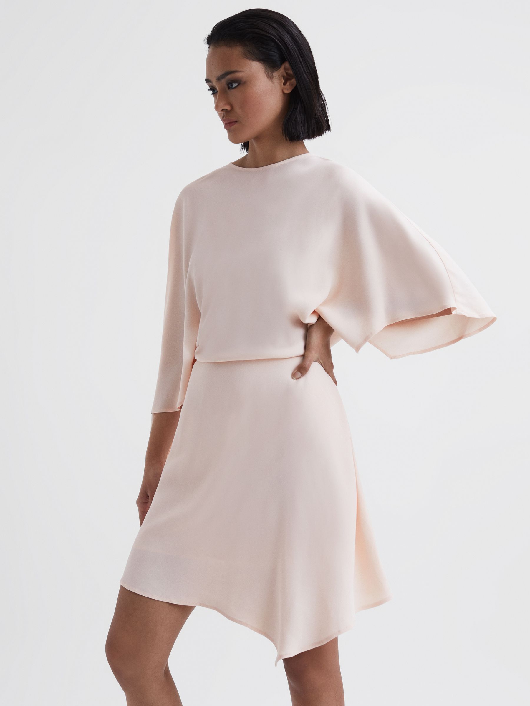 Cape Sleeve Asymmetric Mini Dress in Nude - Image 4 of 4