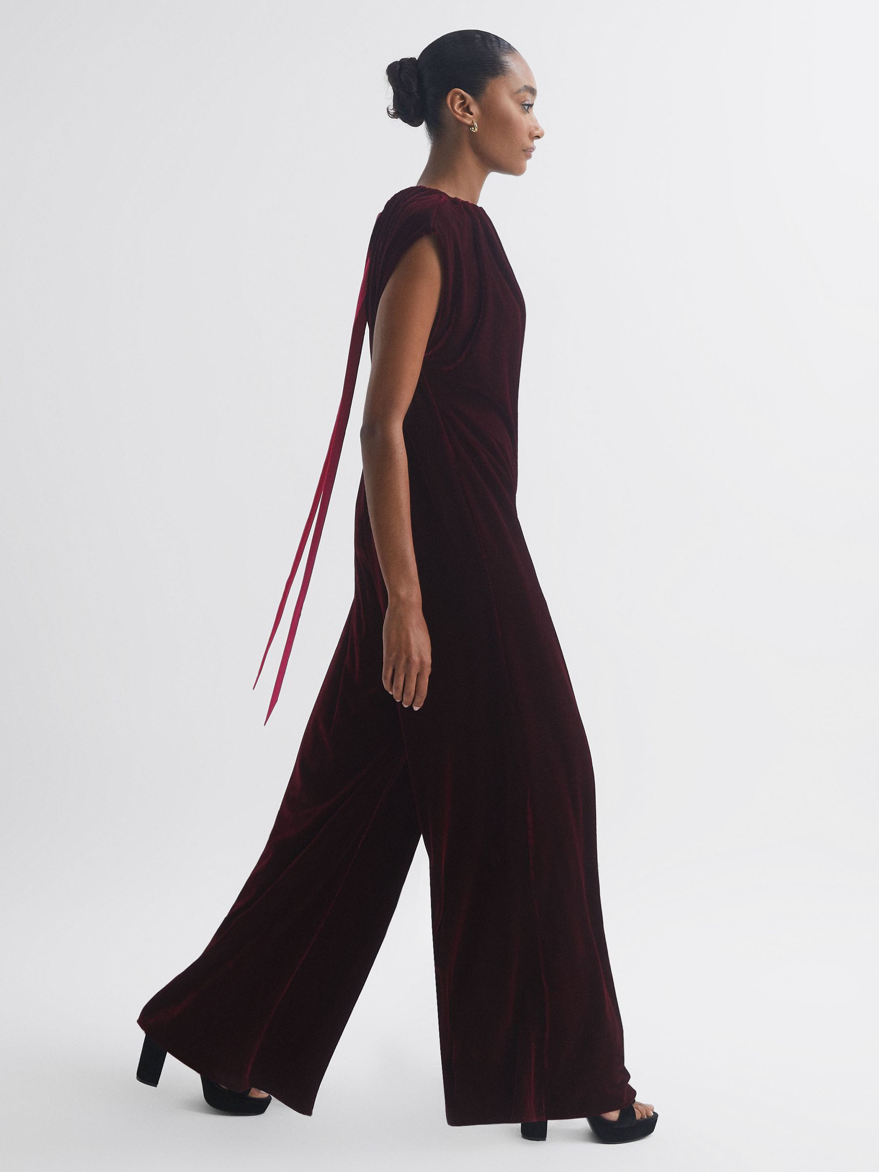 Florere Relaxed Fit Velvet Tie Neck Jumpsuit in Burgundy - Image 1 of 5
