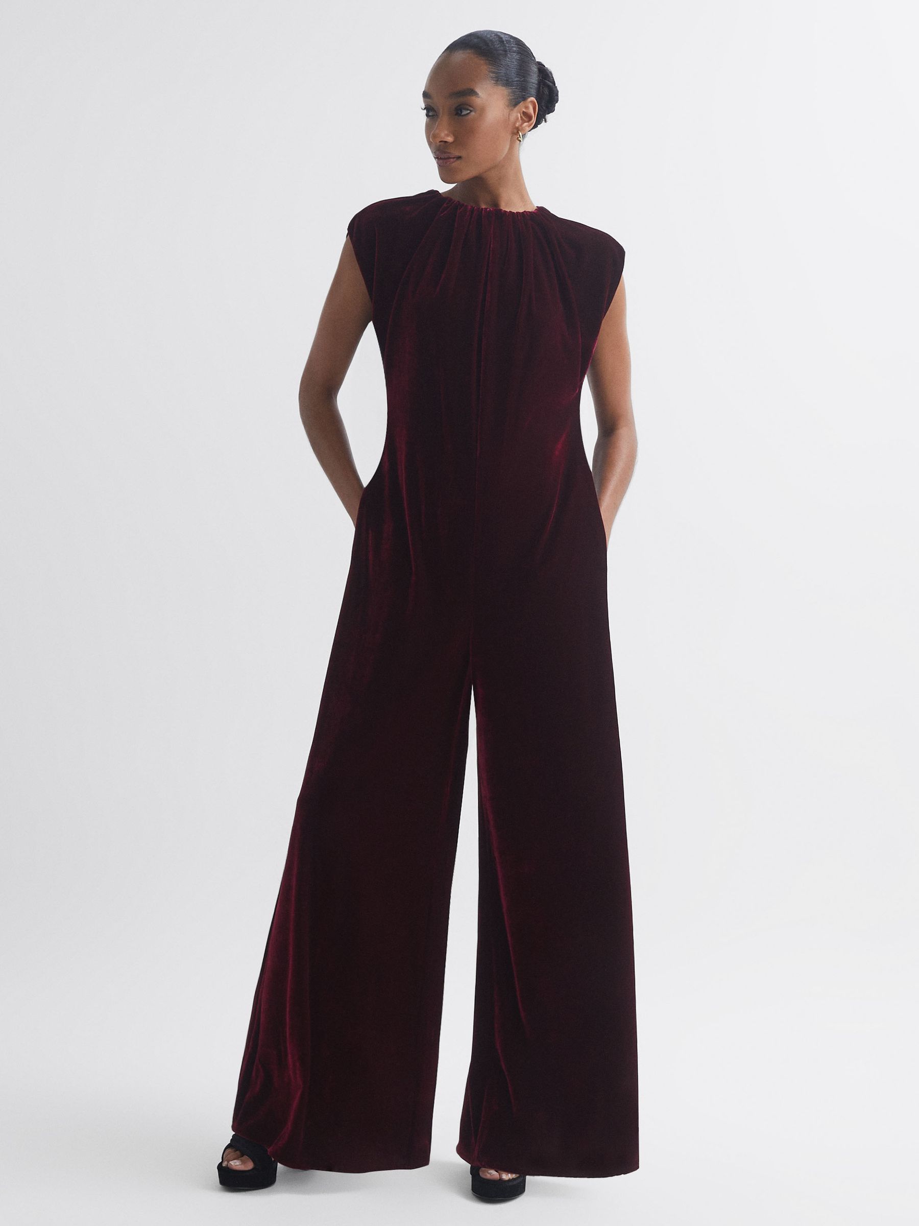 Florere Relaxed Fit Velvet Tie Neck Jumpsuit in Burgundy - Image 3 of 5