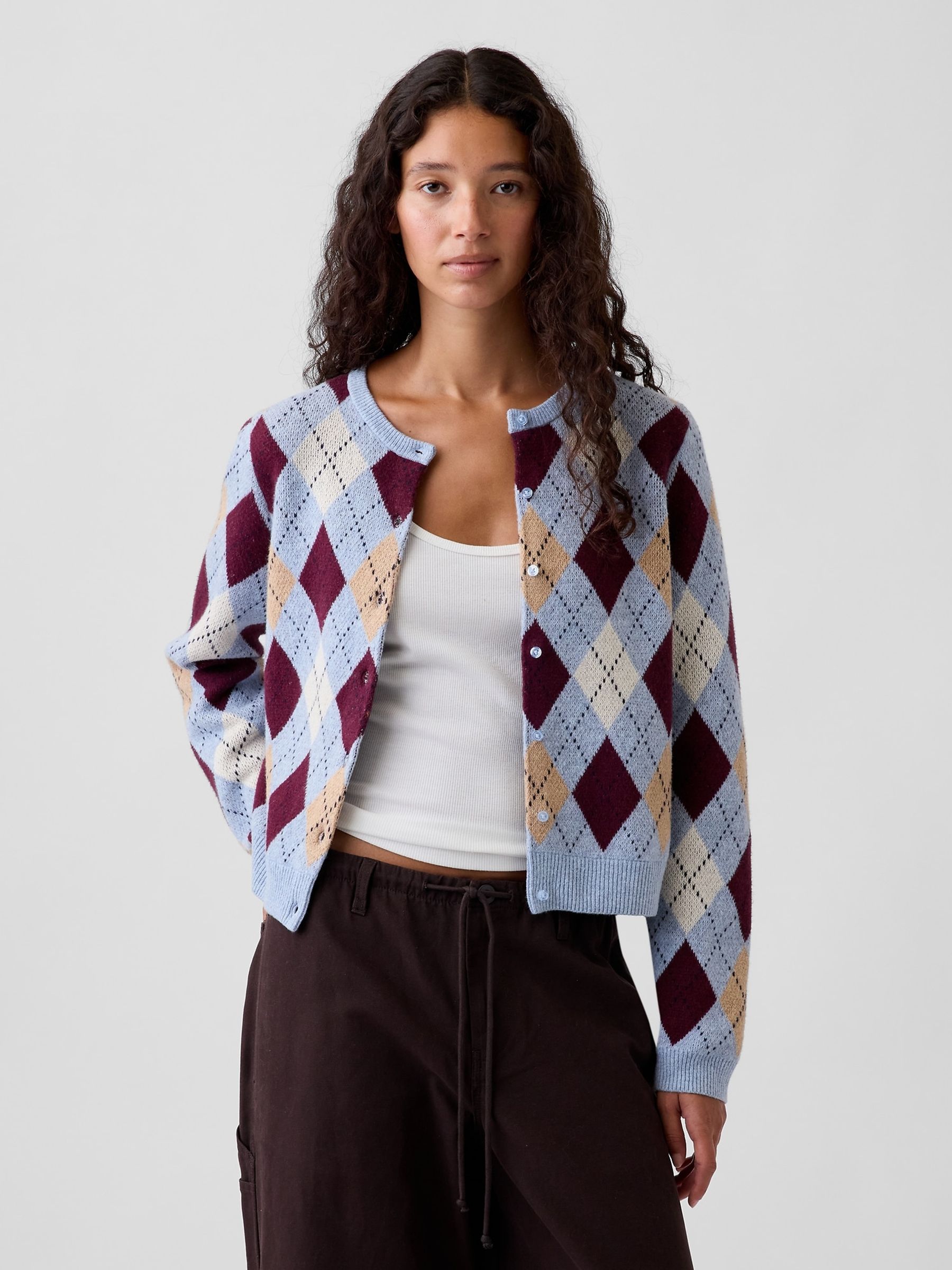 Blue & Burgundy Red Argyle CashSoft Crop Cardigan - Image 1 of 5 Blue & Burgundy Red Argyle CashSoft Crop Cardigan - Image 1 of 5