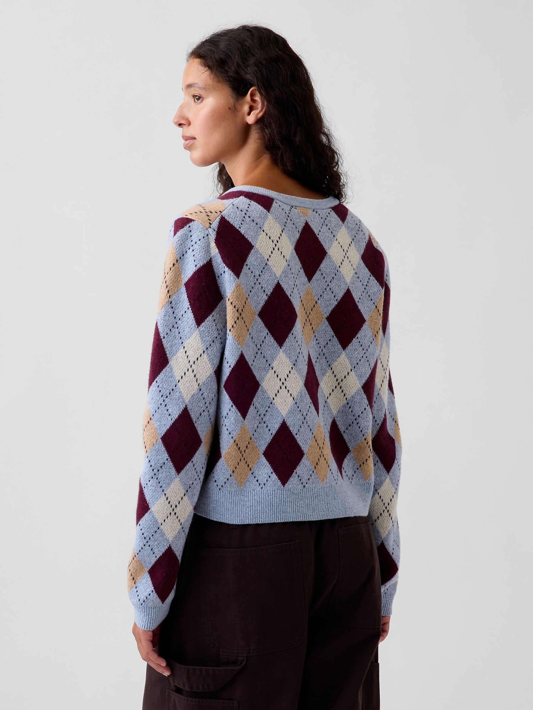 Blue & Burgundy Red Argyle CashSoft Crop Cardigan - Image 2 of 5 Blue & Burgundy Red Argyle CashSoft Crop Cardigan - Image 2 of 5