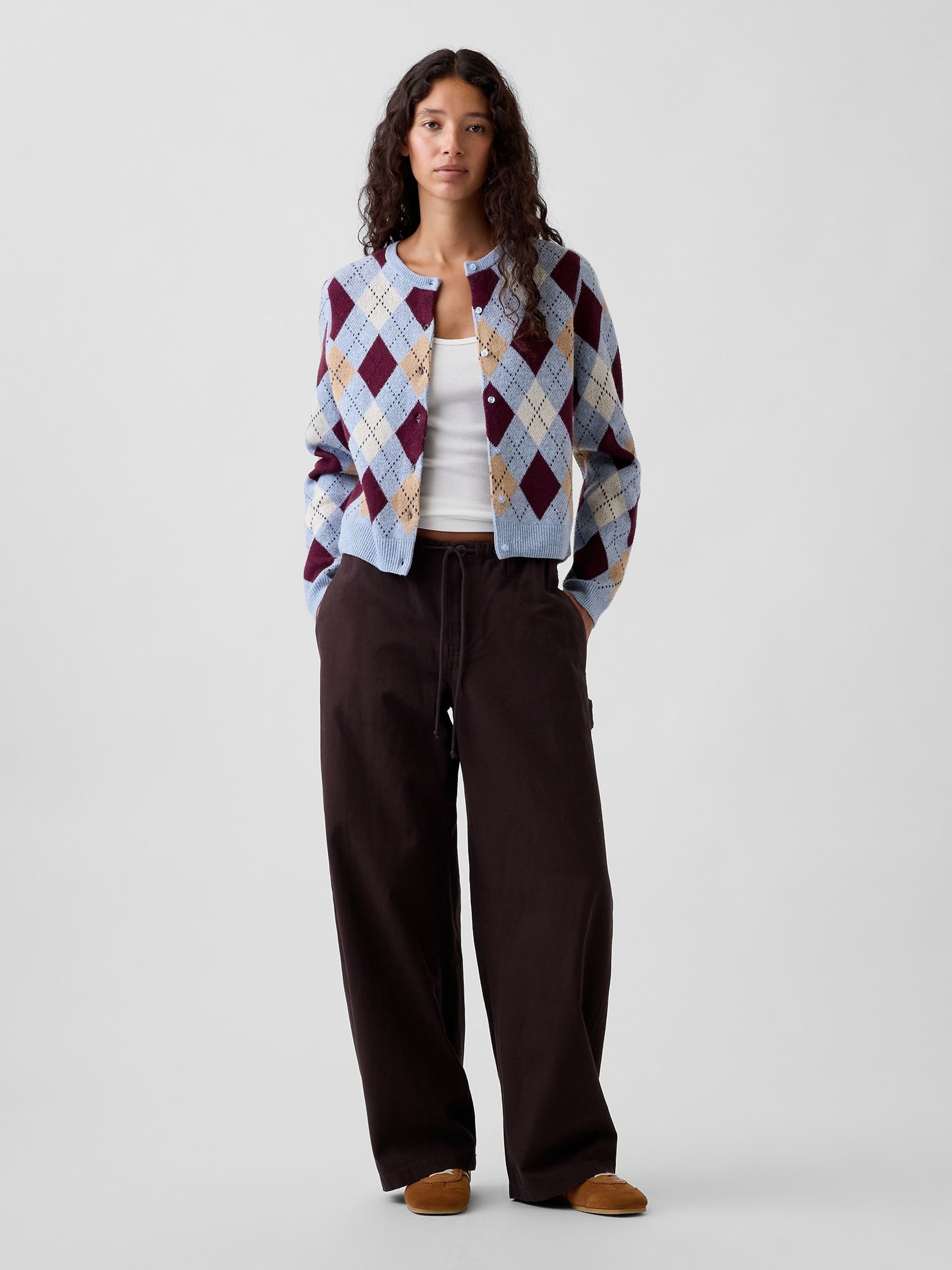 Blue & Burgundy Red Argyle CashSoft Crop Cardigan - Image 3 of 5