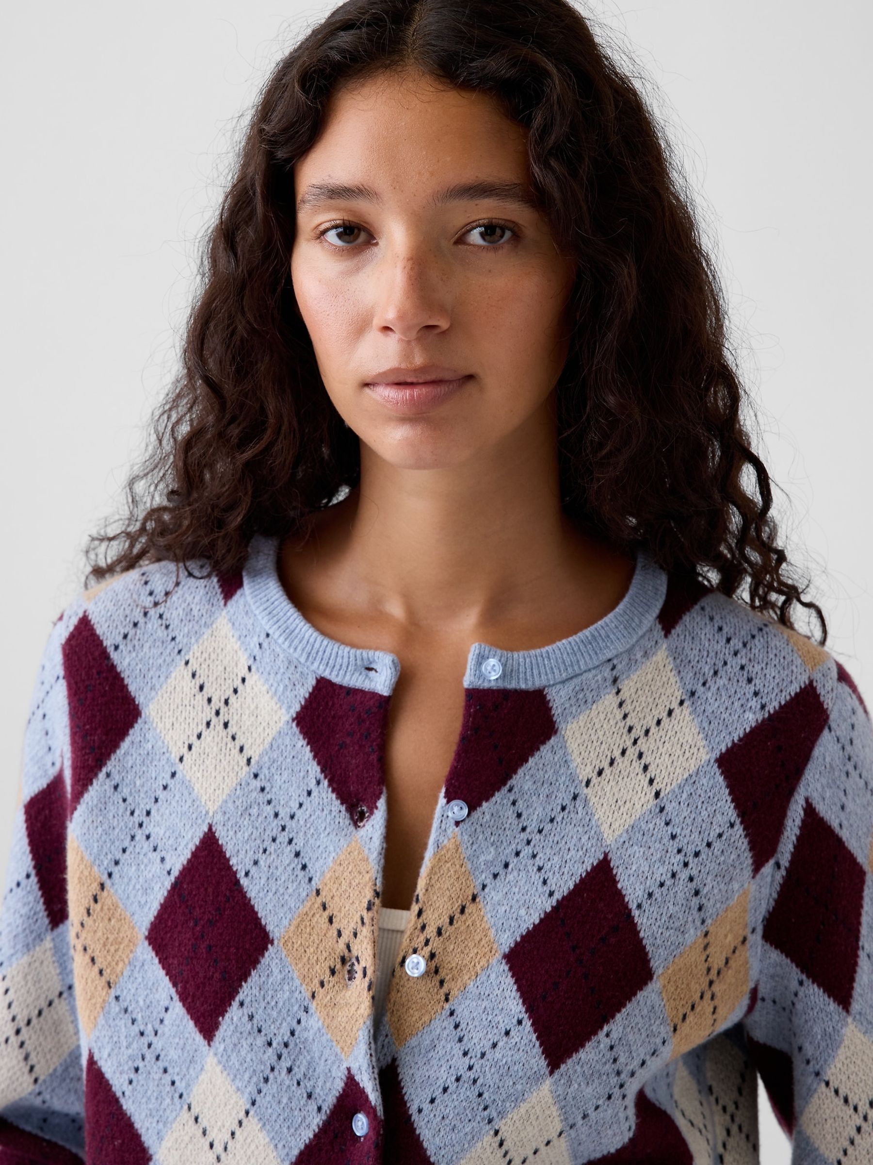 Blue & Burgundy Red Argyle CashSoft Crop Cardigan - Image 4 of 5
