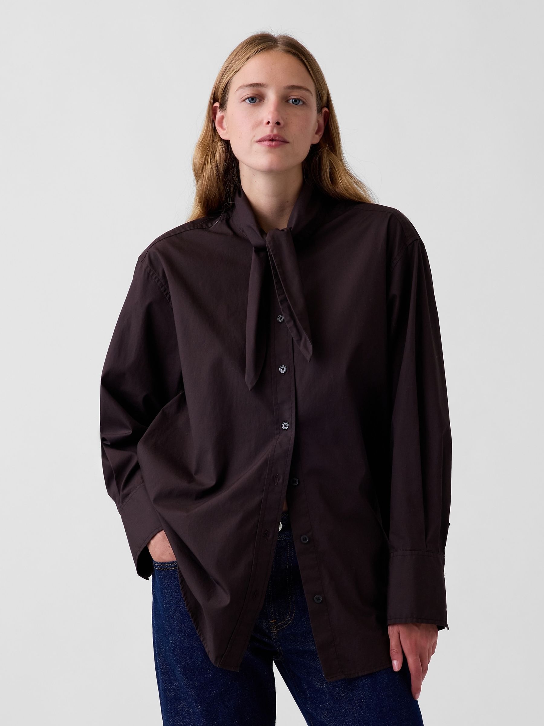 Brown Poplin Tie-Neck Big Shirt - Image 1 of 4