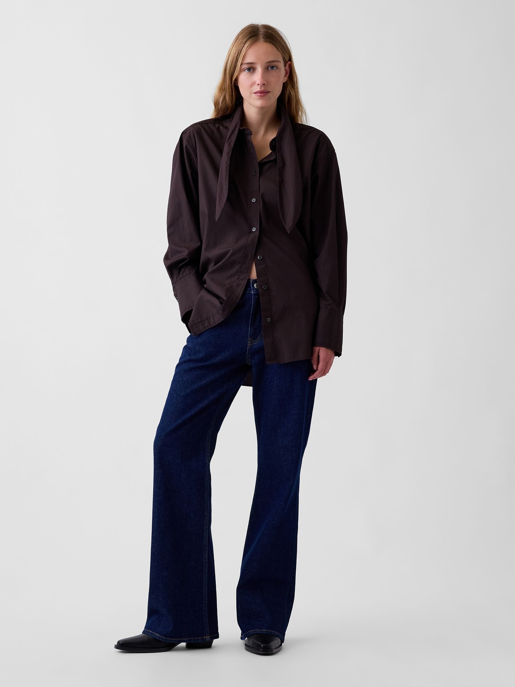 Brown Poplin Tie-Neck Big Shirt - Image 3 of 4