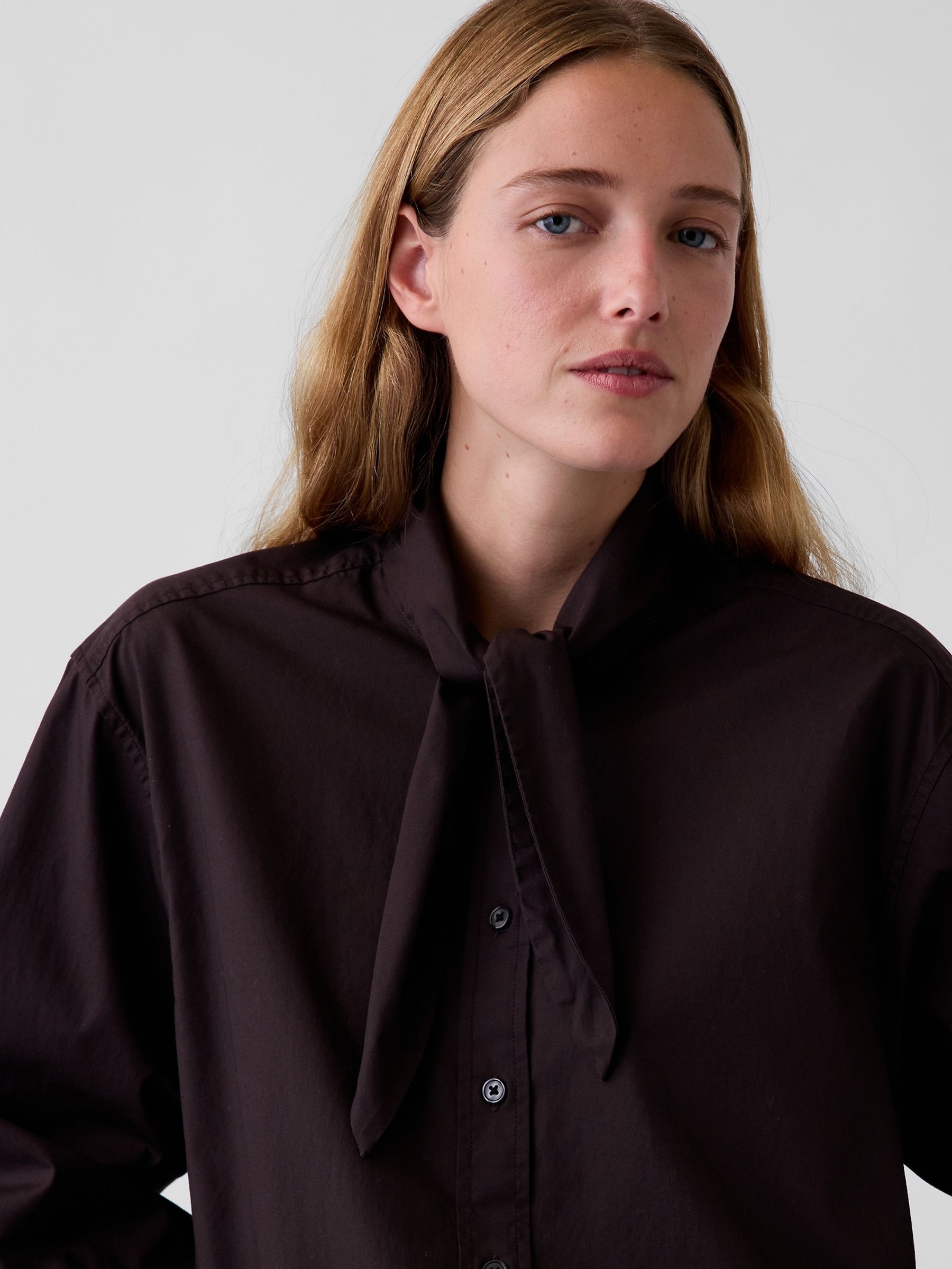 Brown Poplin Tie-Neck Big Shirt - Image 4 of 4