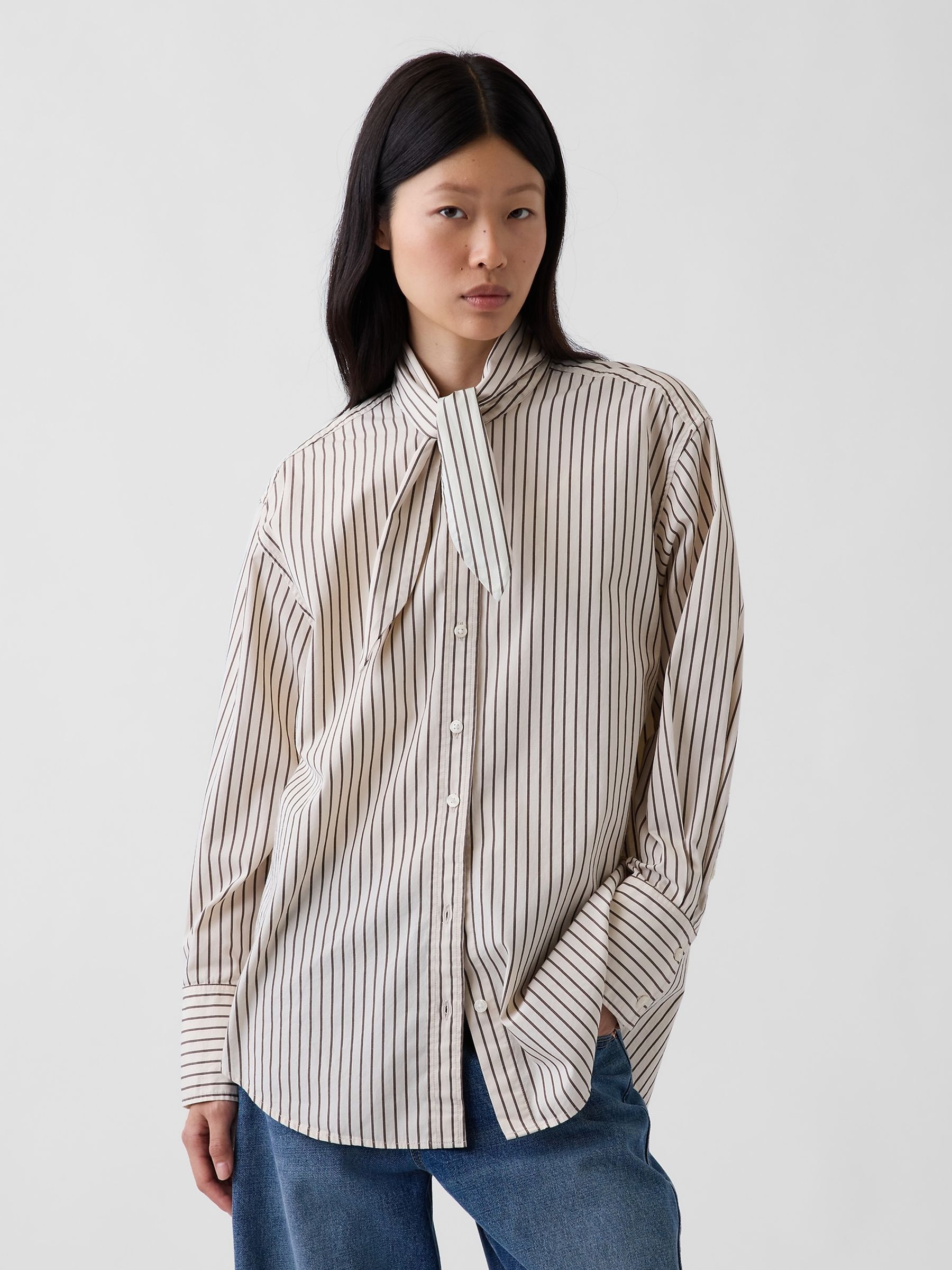 Cream & Brown Stripe Poplin Tie-Neck Big Shirt - Image 1 of 4
