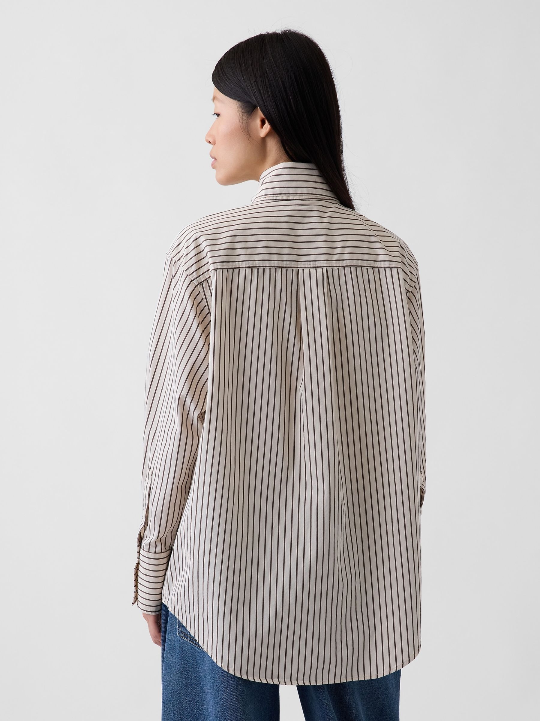 Cream & Brown Stripe Poplin Tie-Neck Big Shirt - Image 2 of 4