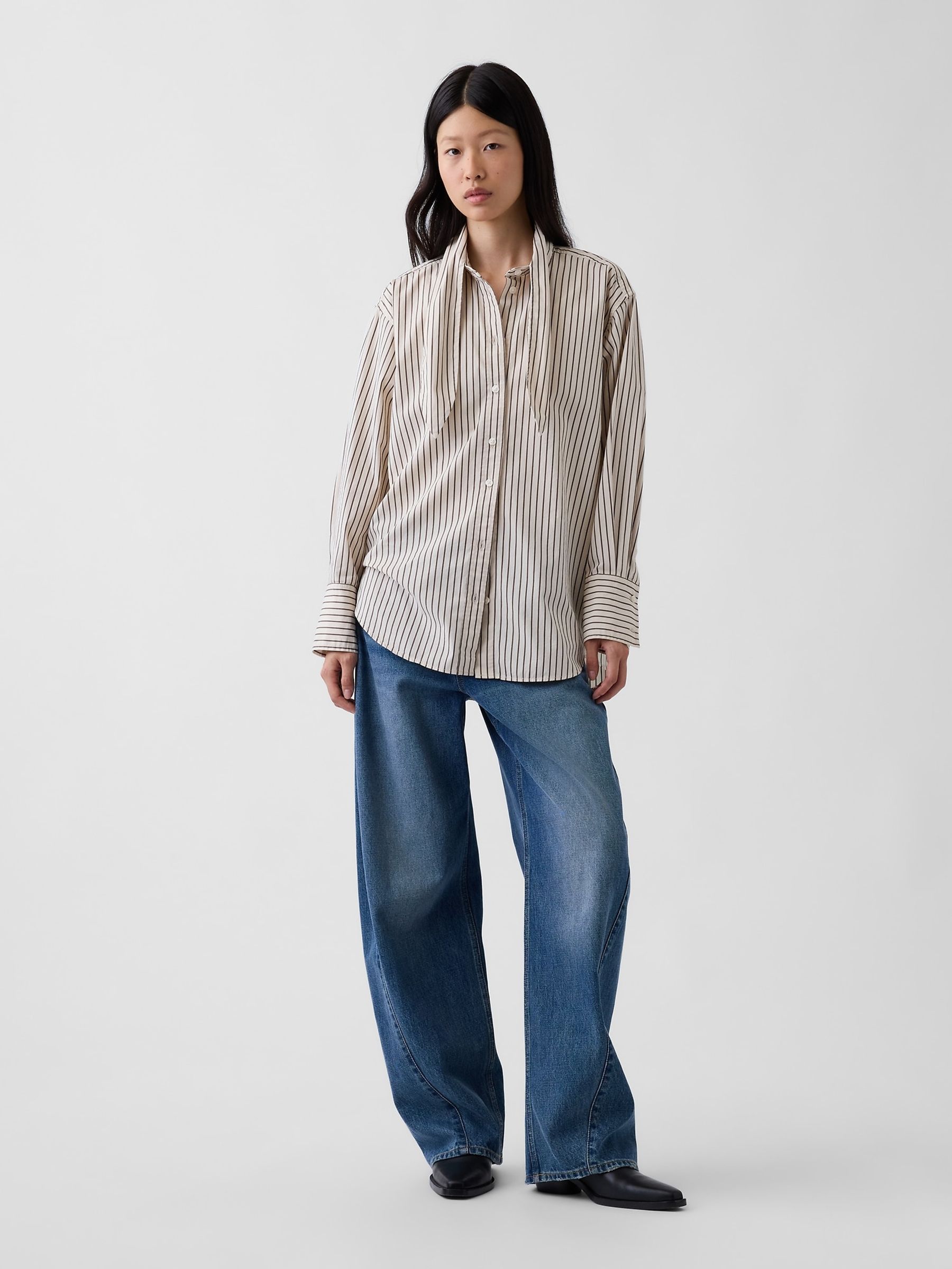 Cream & Brown Stripe Poplin Tie-Neck Big Shirt - Image 3 of 4